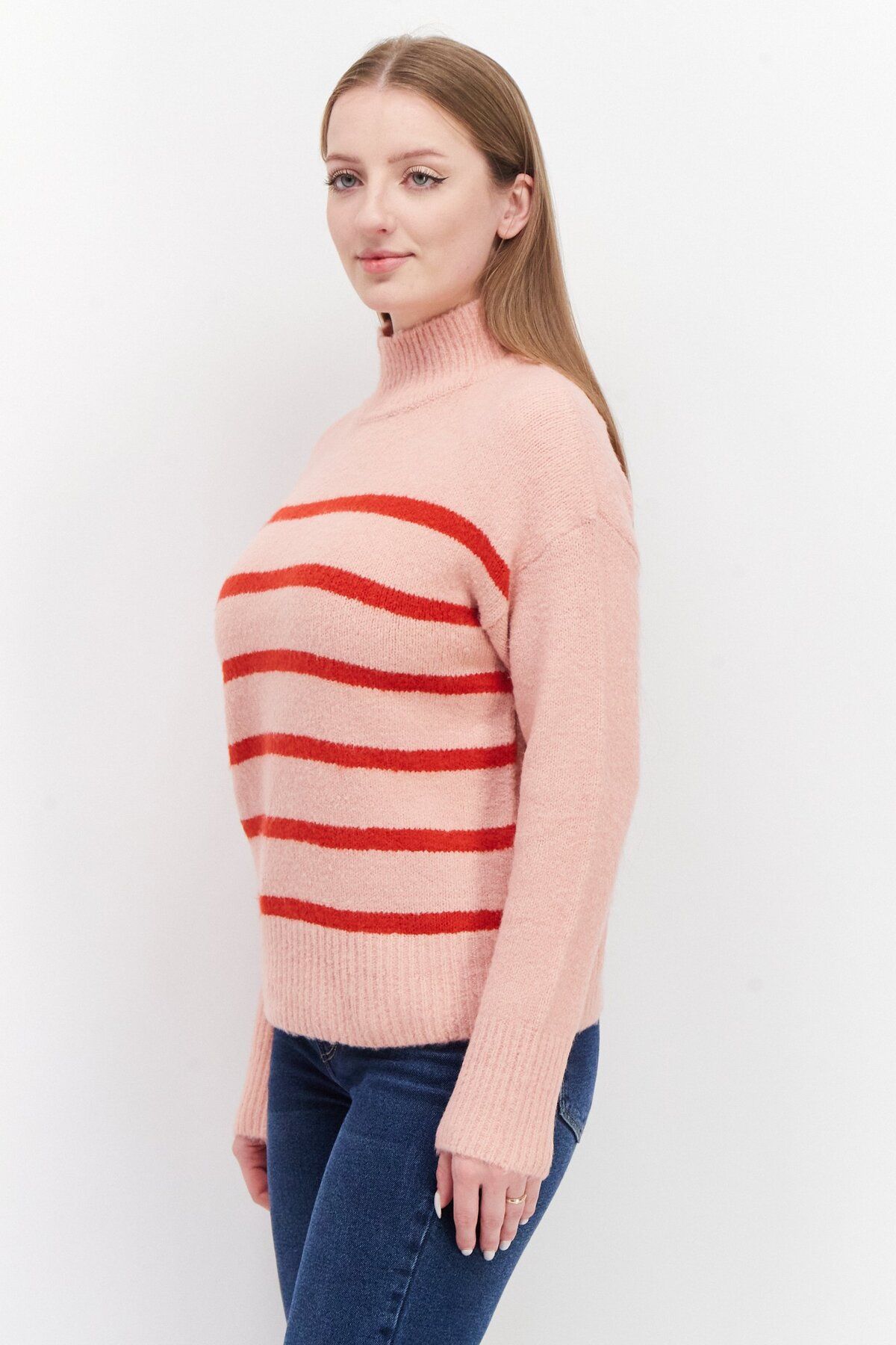 Threadbare-Women Mock Neck Knit Stripe Cardigan, Pink 2