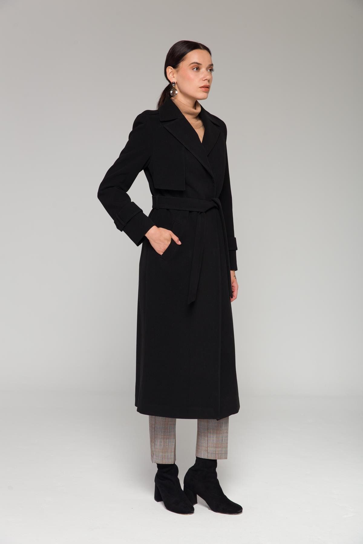 Olcay-Cape and Epaulette Detailed Snap Closure Medium Length Coat Black 3771 6