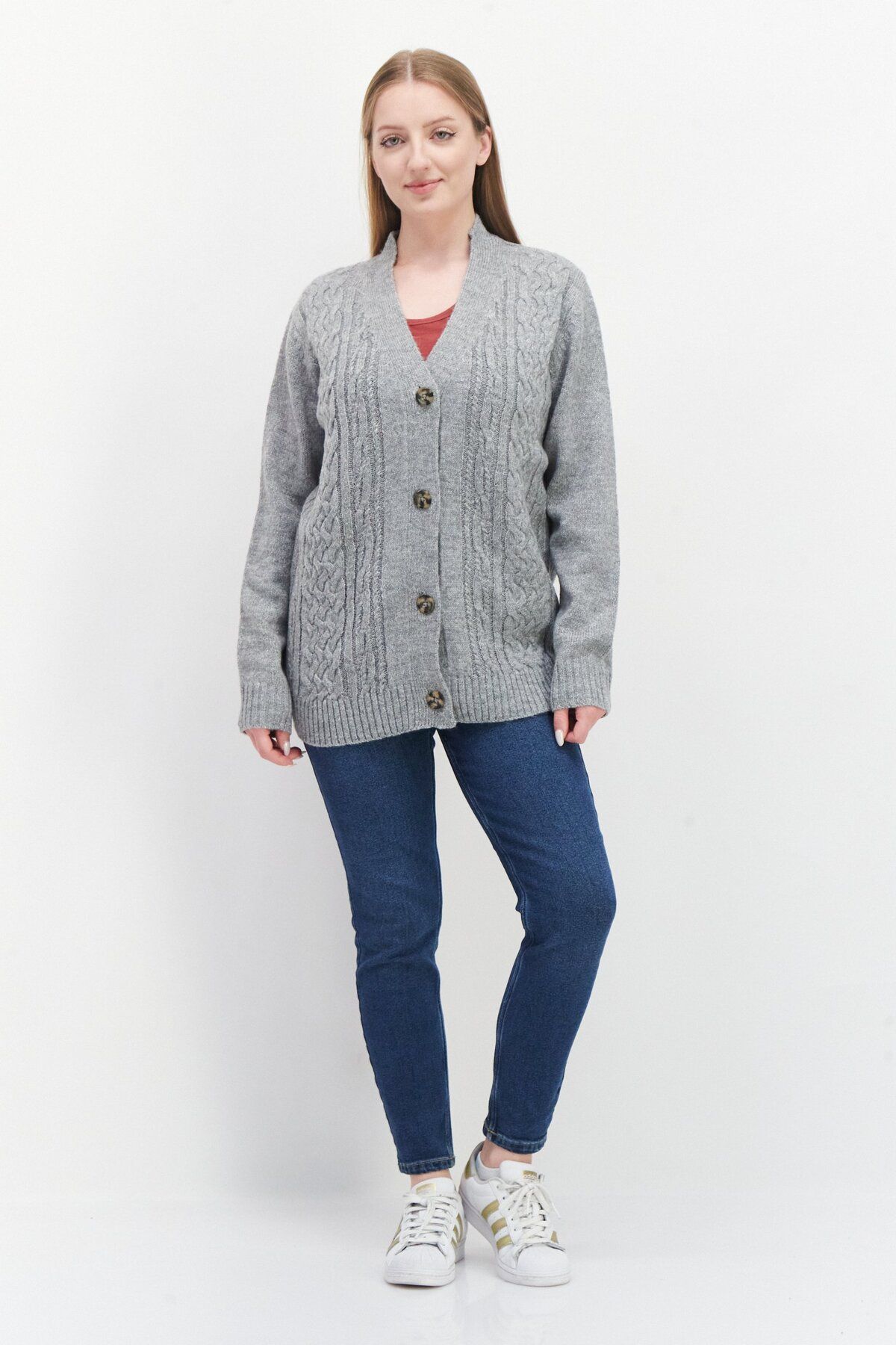 Threadbare-Women Button Front Cable Knit Cardigan, Grey 2