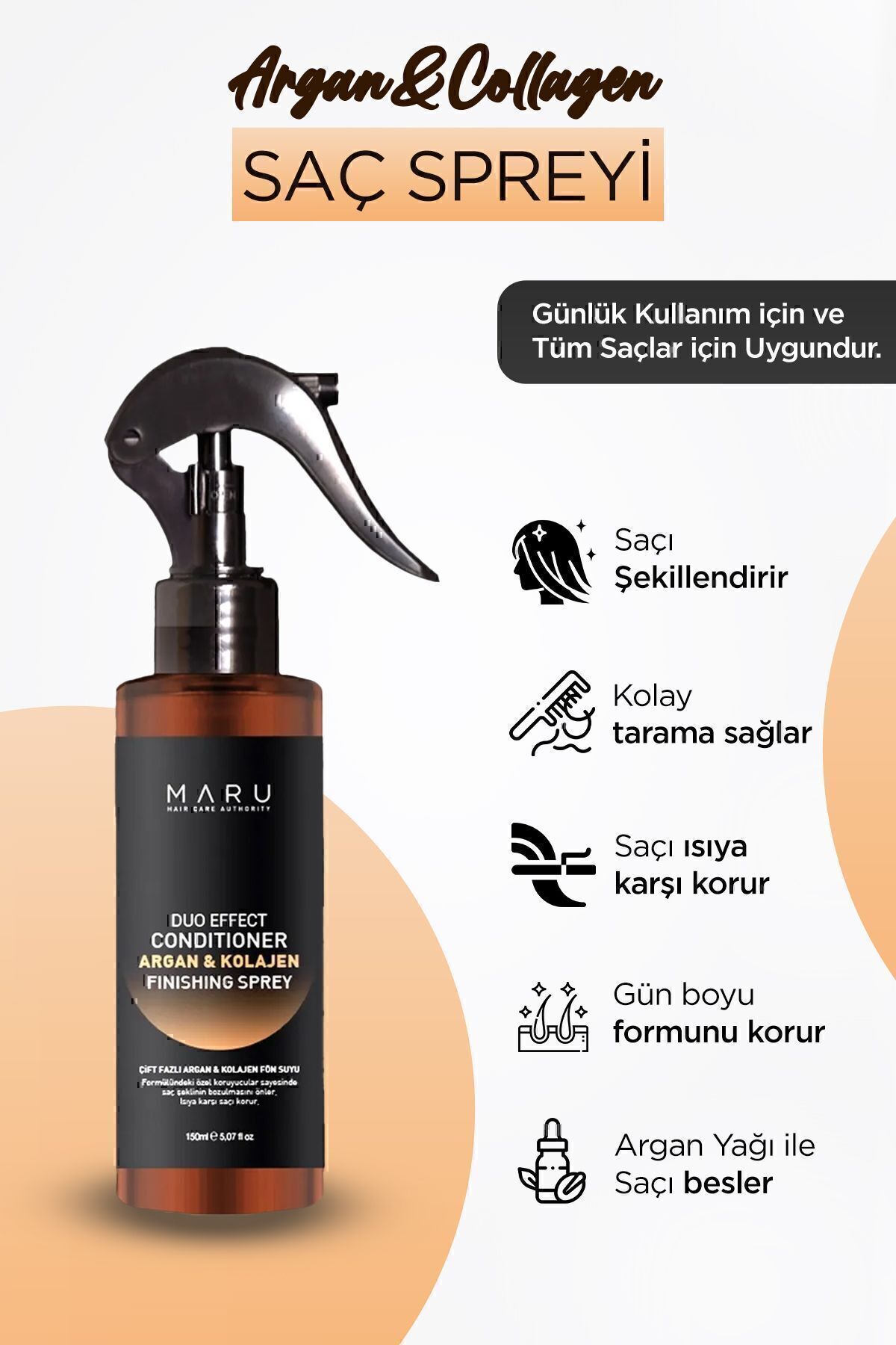 MARU Argan & Collagen Bağ Onarıcı Isı Koruyucu Kolay Tarama Saç Bakım Spreyi 150 ml 8699211721129