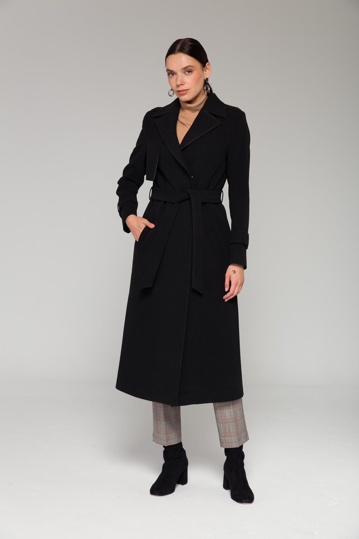 Olcay-Cape and Epaulette Detailed Snap Closure Medium Length Coat Black 3771 4