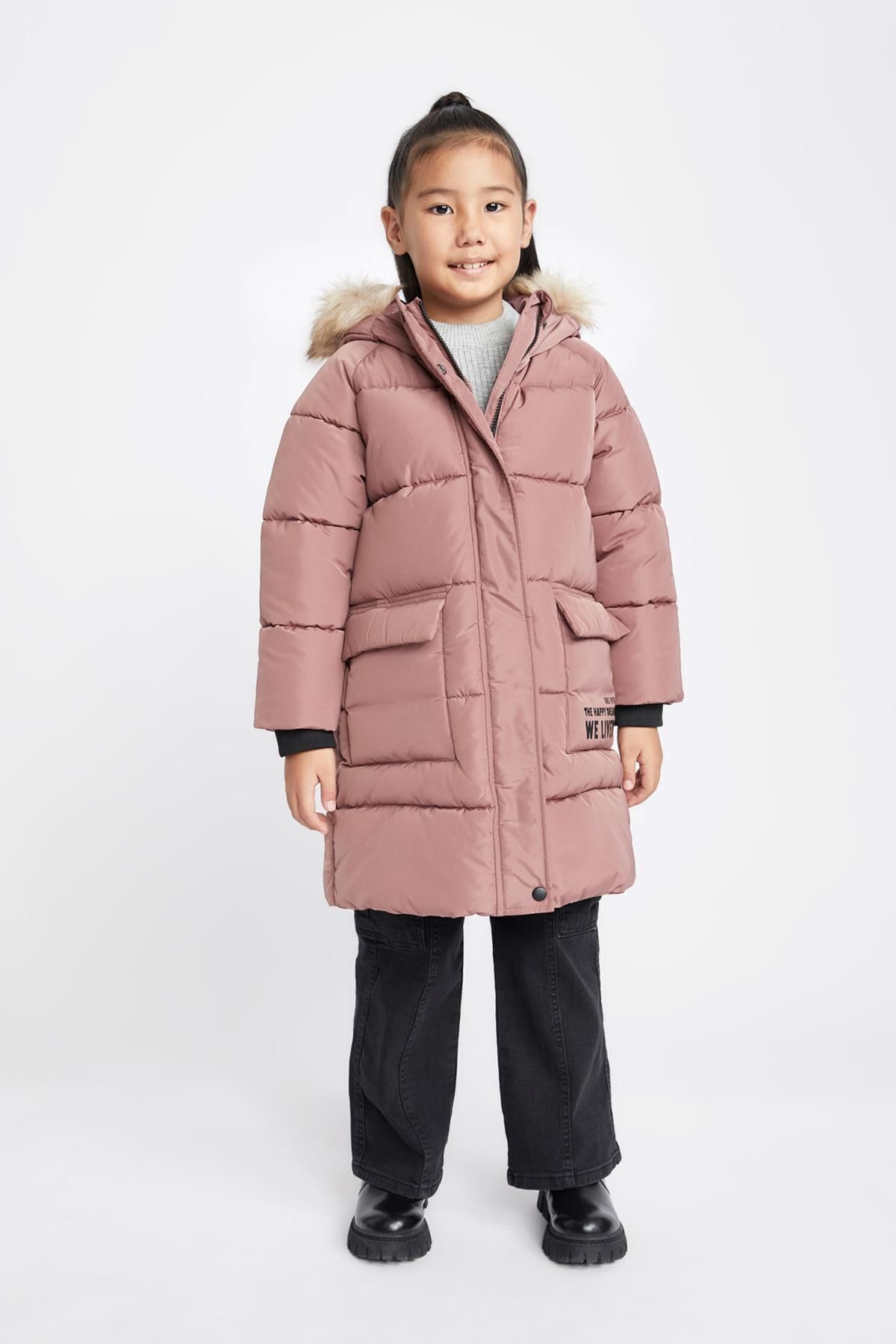 DeFacto-Water Repellent, Detachable Furry Long Coat for Girls A2541a823au 5