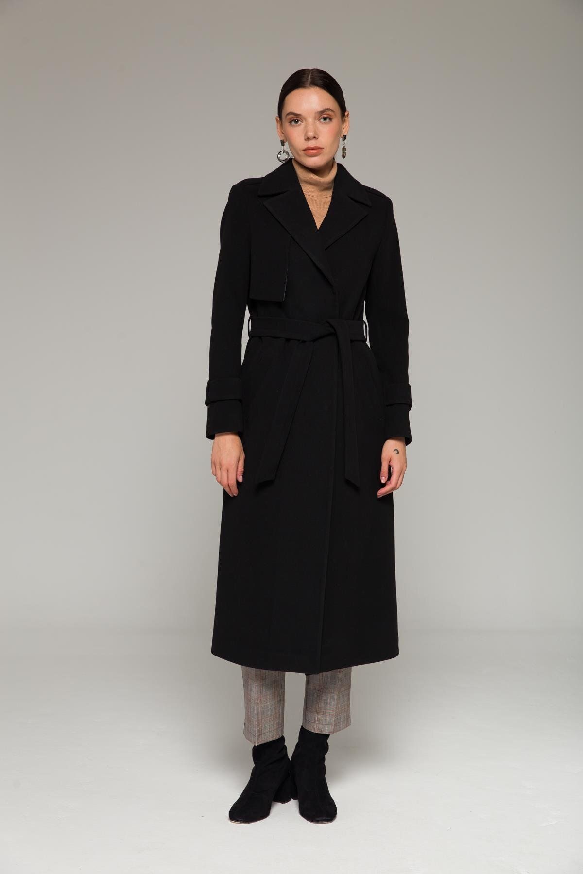 Olcay-Cape and Epaulette Detailed Snap Closure Medium Length Coat Black 3771 2