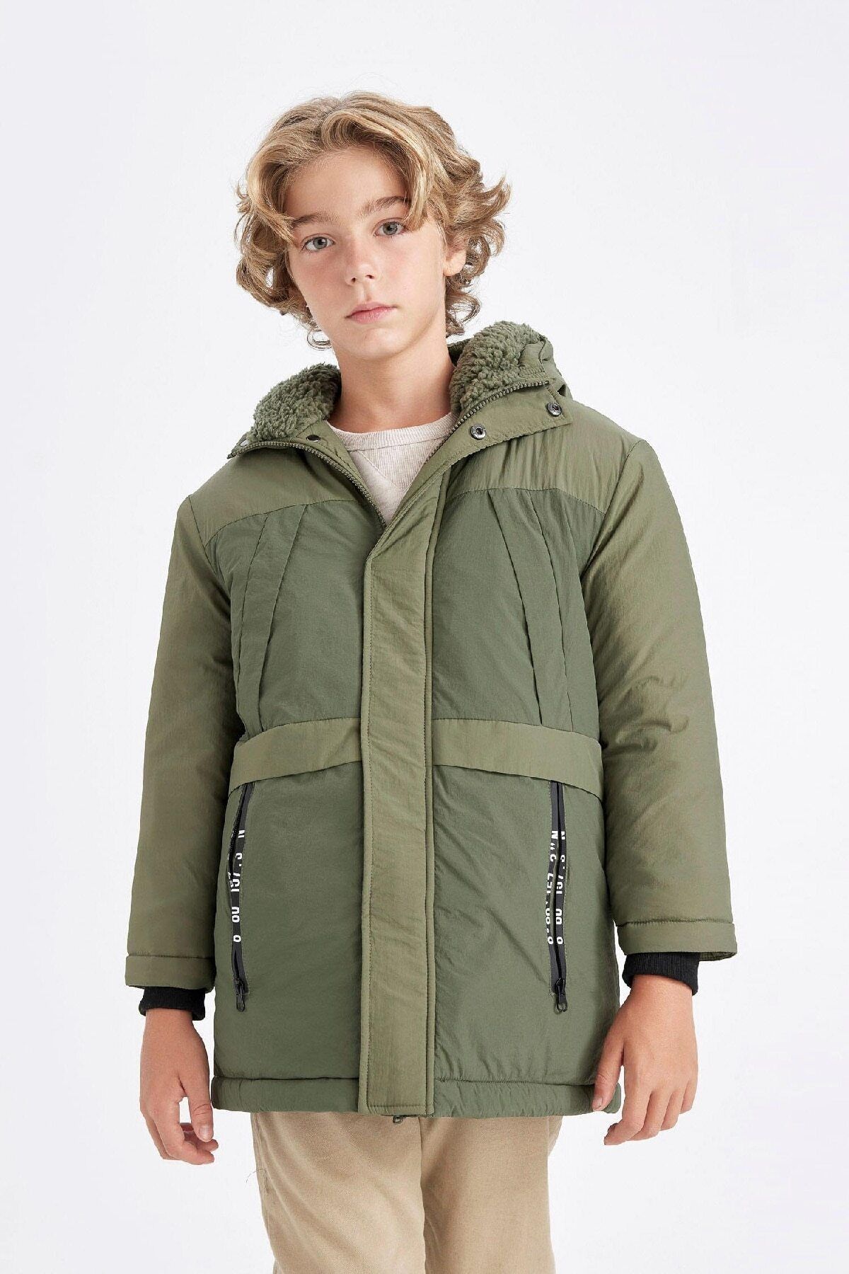 DeFacto-Water Repellent Plush Lined Parka for Boy - Hood and Zip C8815A824Wn 5