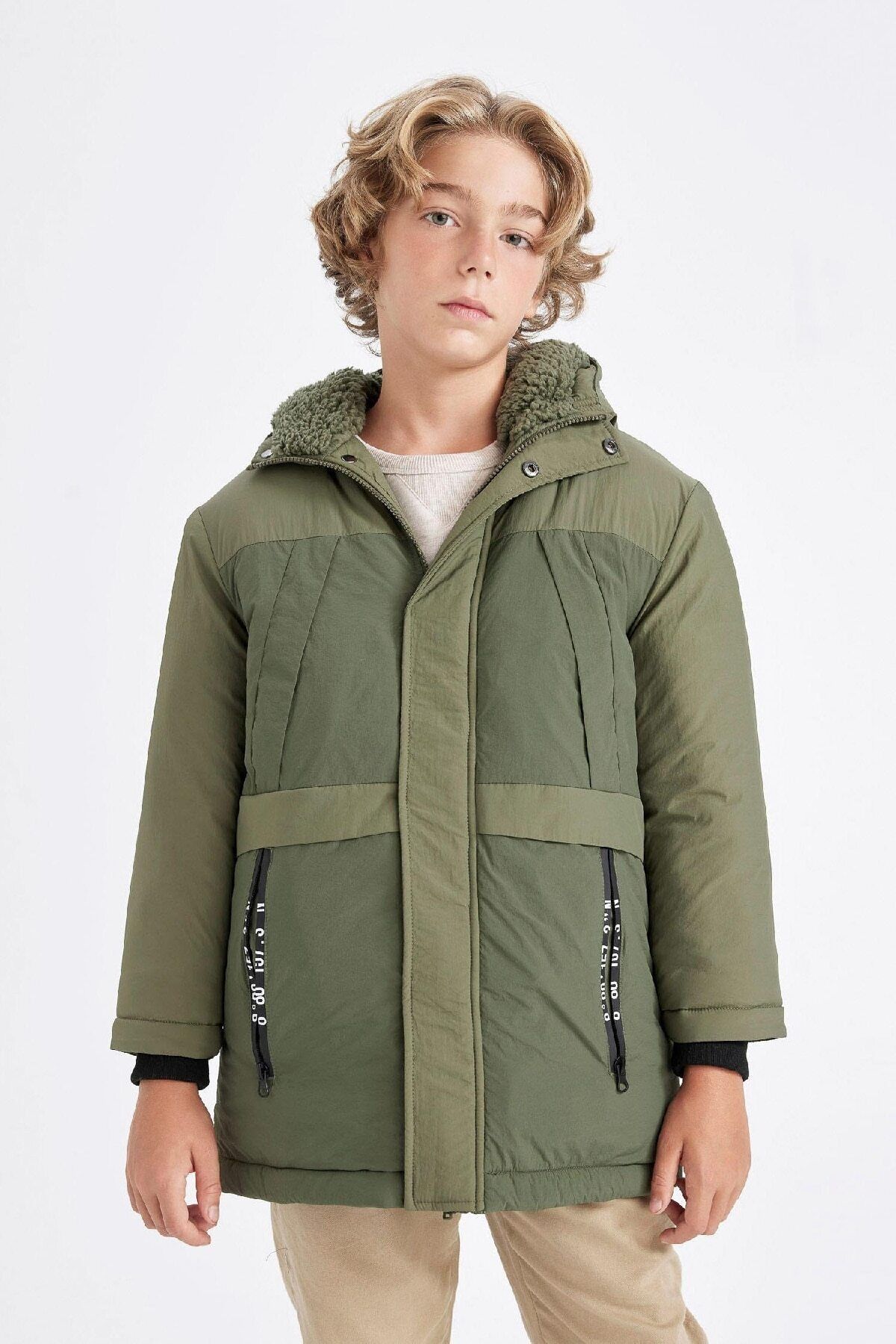 DeFacto-Water Repellent Plush Lined Parka for Boy - Hood and Zip C8815A824Wn 7