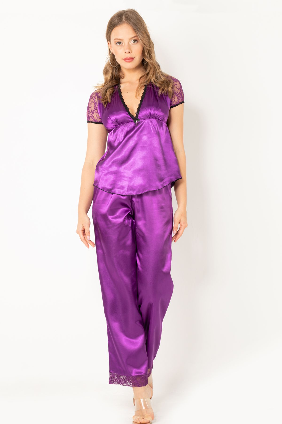 Miorre-Satin Pajama Set - Women's, Lace Detailed, Short Sleeve 7