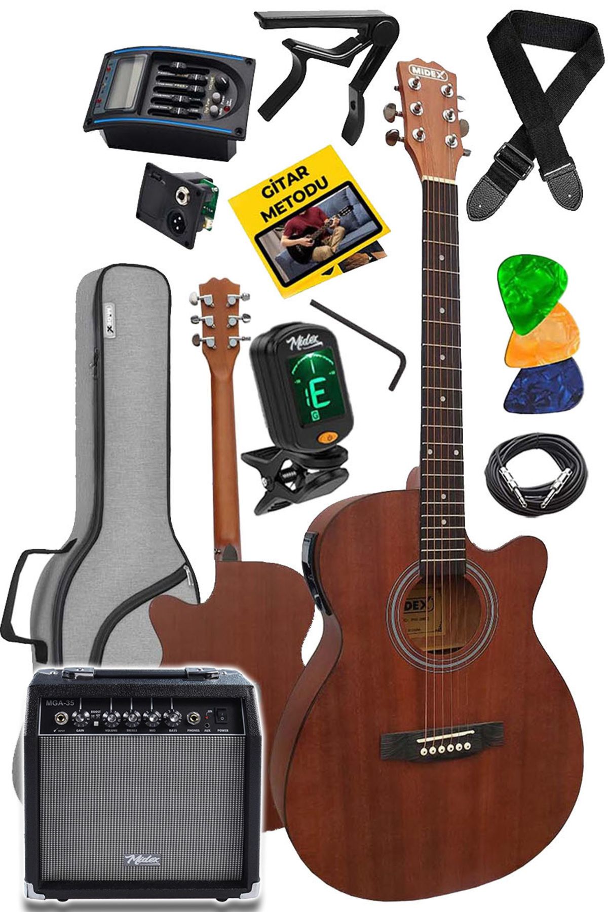 Midex Phx-188amp Masif Ağaç Elektro Akustik Gitar 4/4 (AMFİ GİGBAG TUNER ASKI CAPO JAK KABLO)