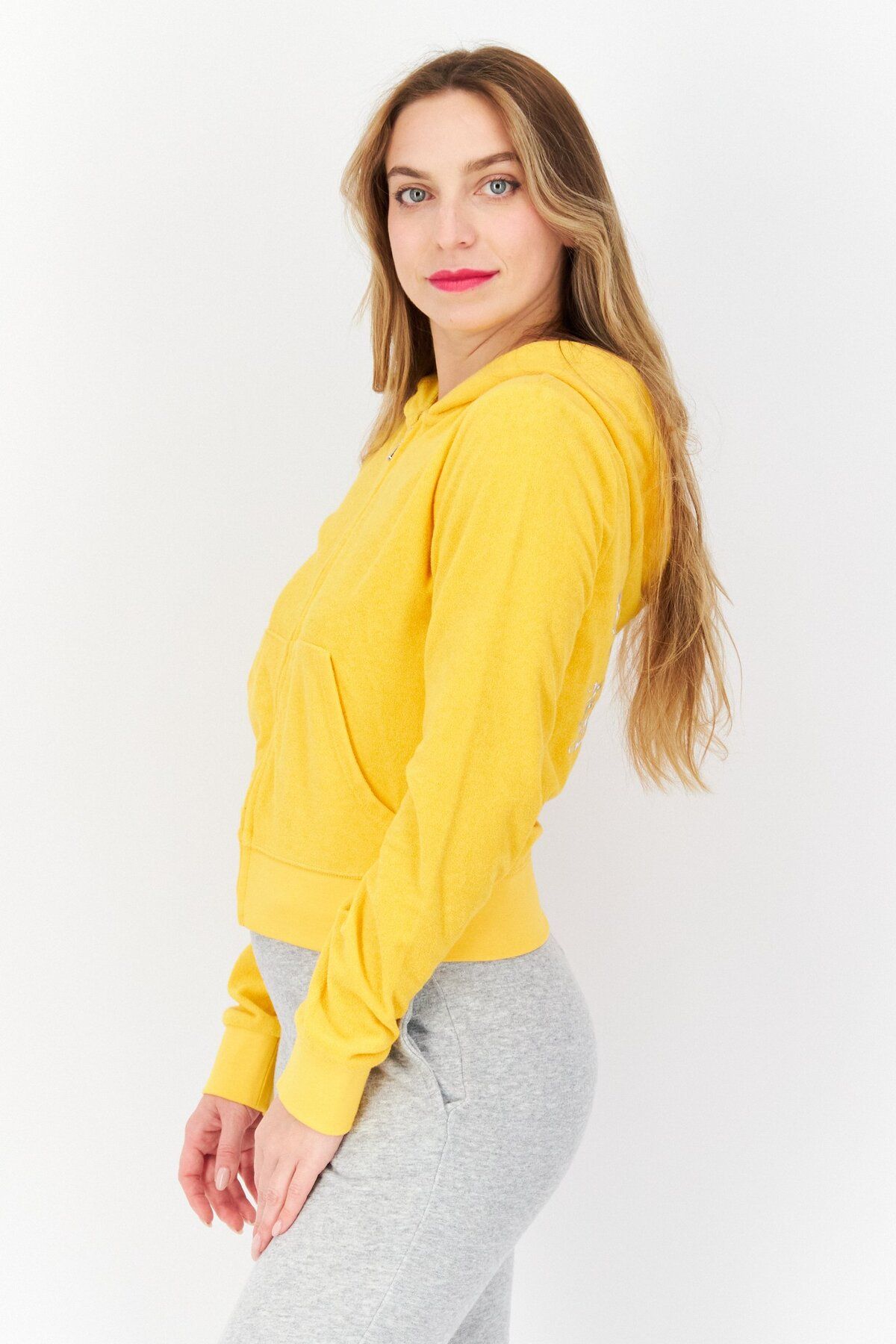 Juicy Couture-Women Long Sleeves Textured Cropped Sweatshirt, Yellow 3