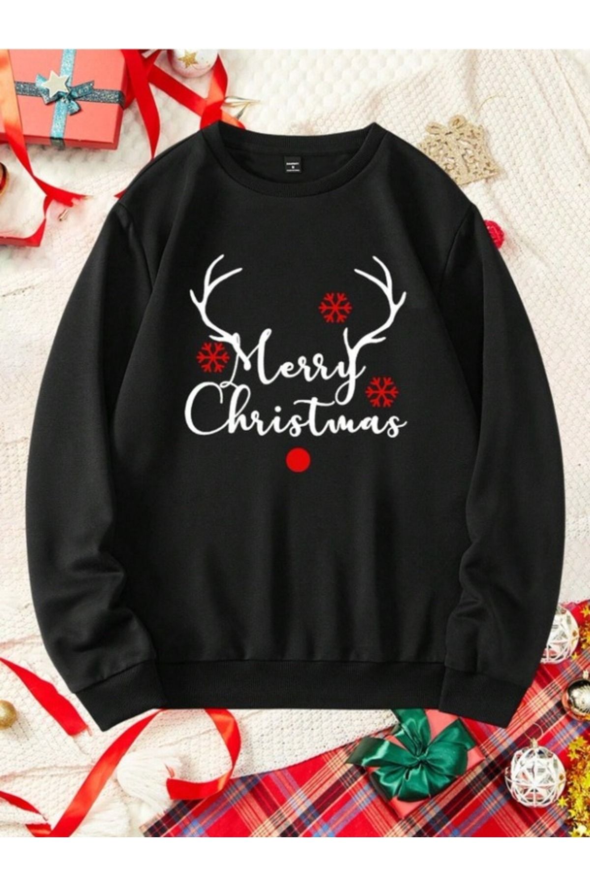 AFROGİYİM-Christmas Special Unisex Couple Combination Deer Horn Merry Chrismis Printed Oversize Sweatshirt 2