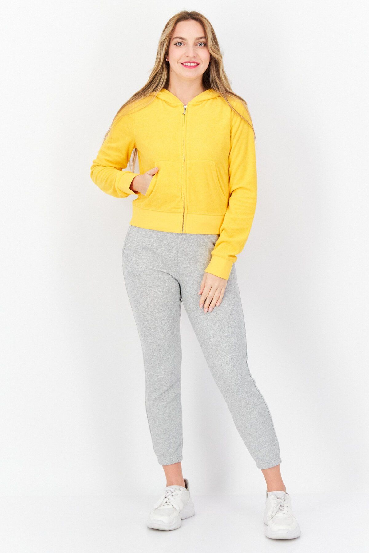 Juicy Couture-Women Long Sleeves Textured Cropped Sweatshirt, Yellow 4