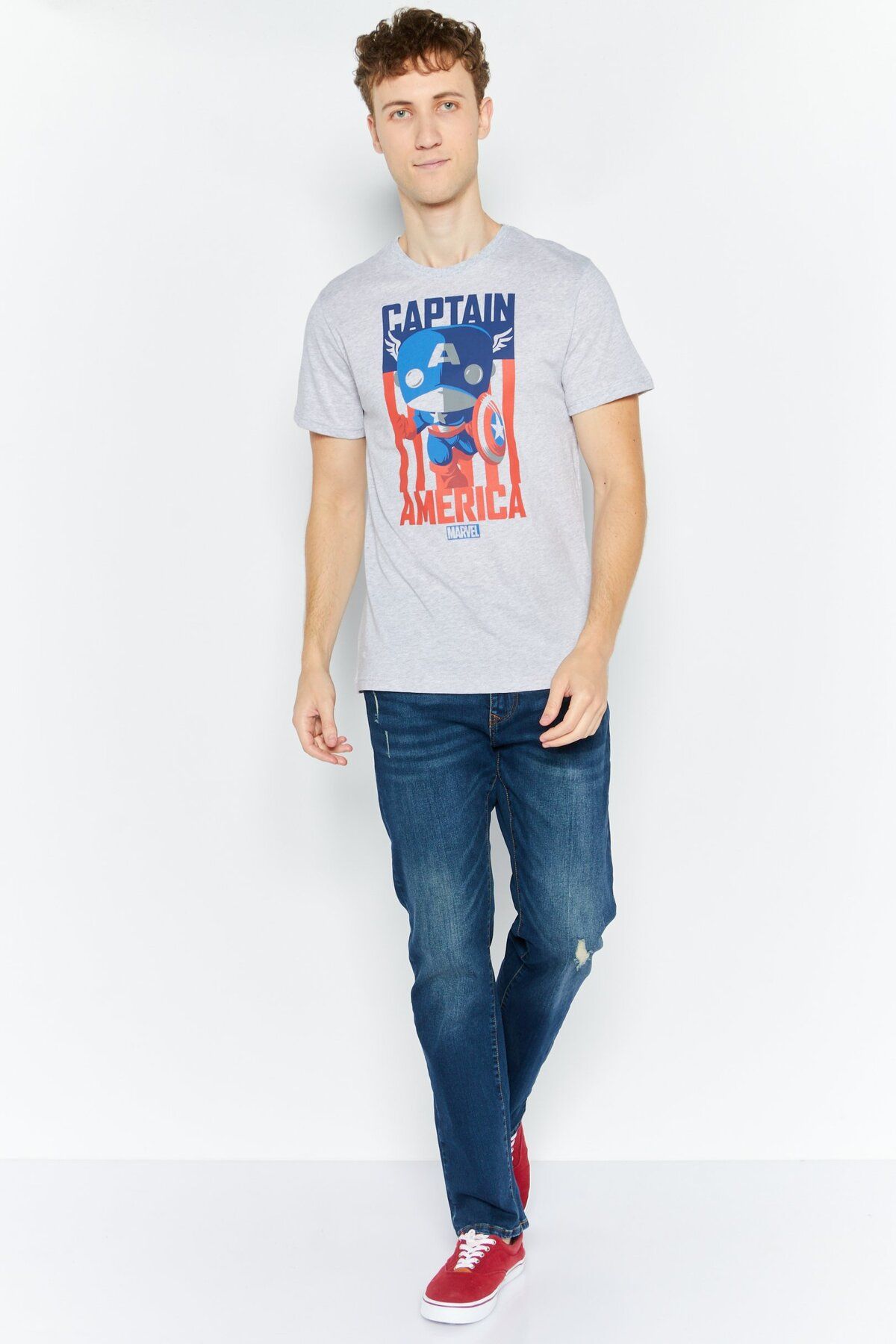 Funko-Men Crew Neck Short Sleeve Captain America Printed T-Shirt, Grey Combo 2