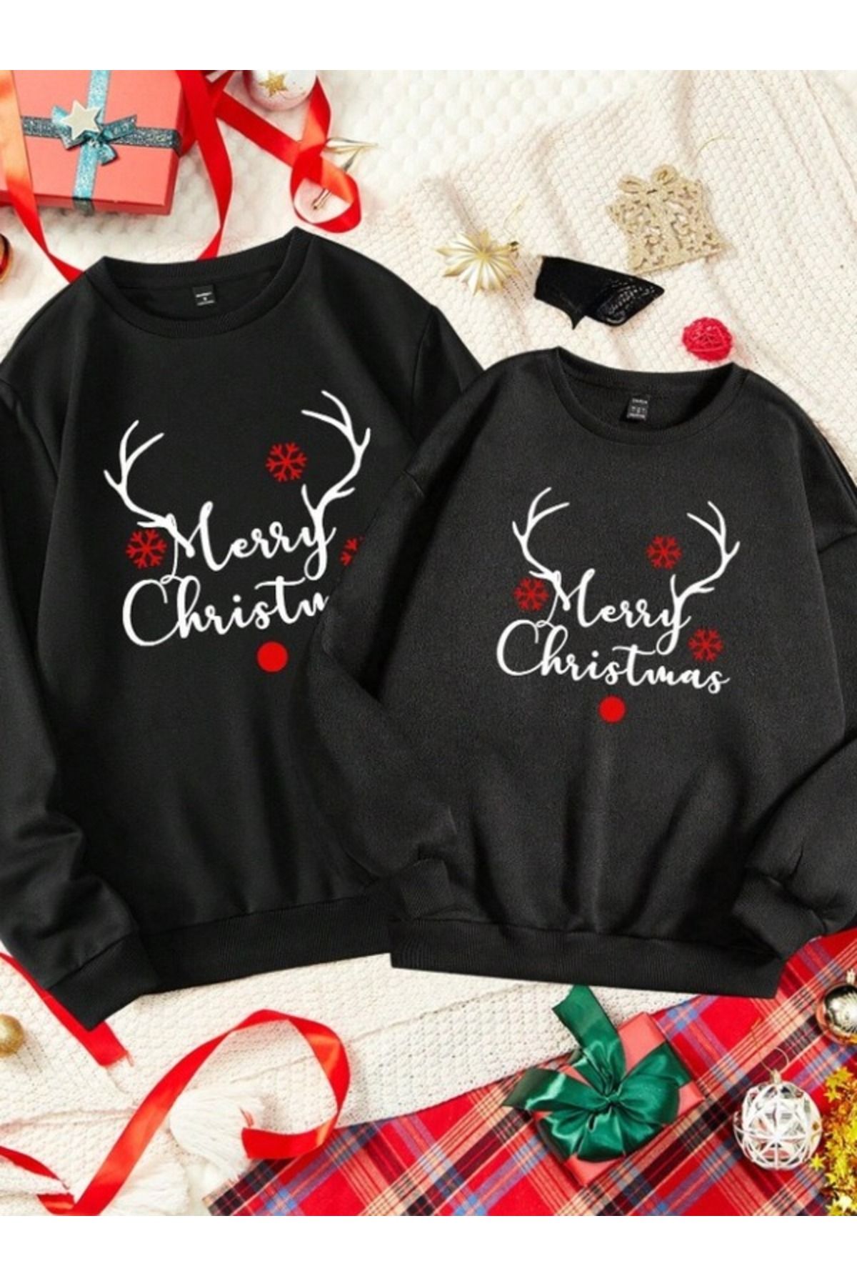 AFROGİYİM-Christmas Special Unisex Couple Combination Deer Horn Merry Chrismis Printed Oversize Sweatshirt 1