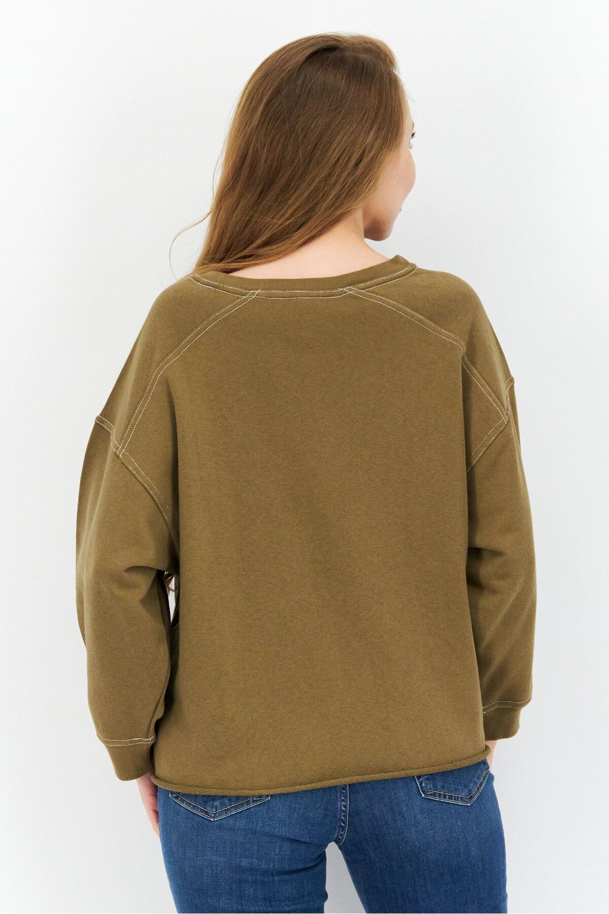 Sage Collective-Women Crew Neck 3/4 Sleeves Solid Sweatshirt, Olive 2