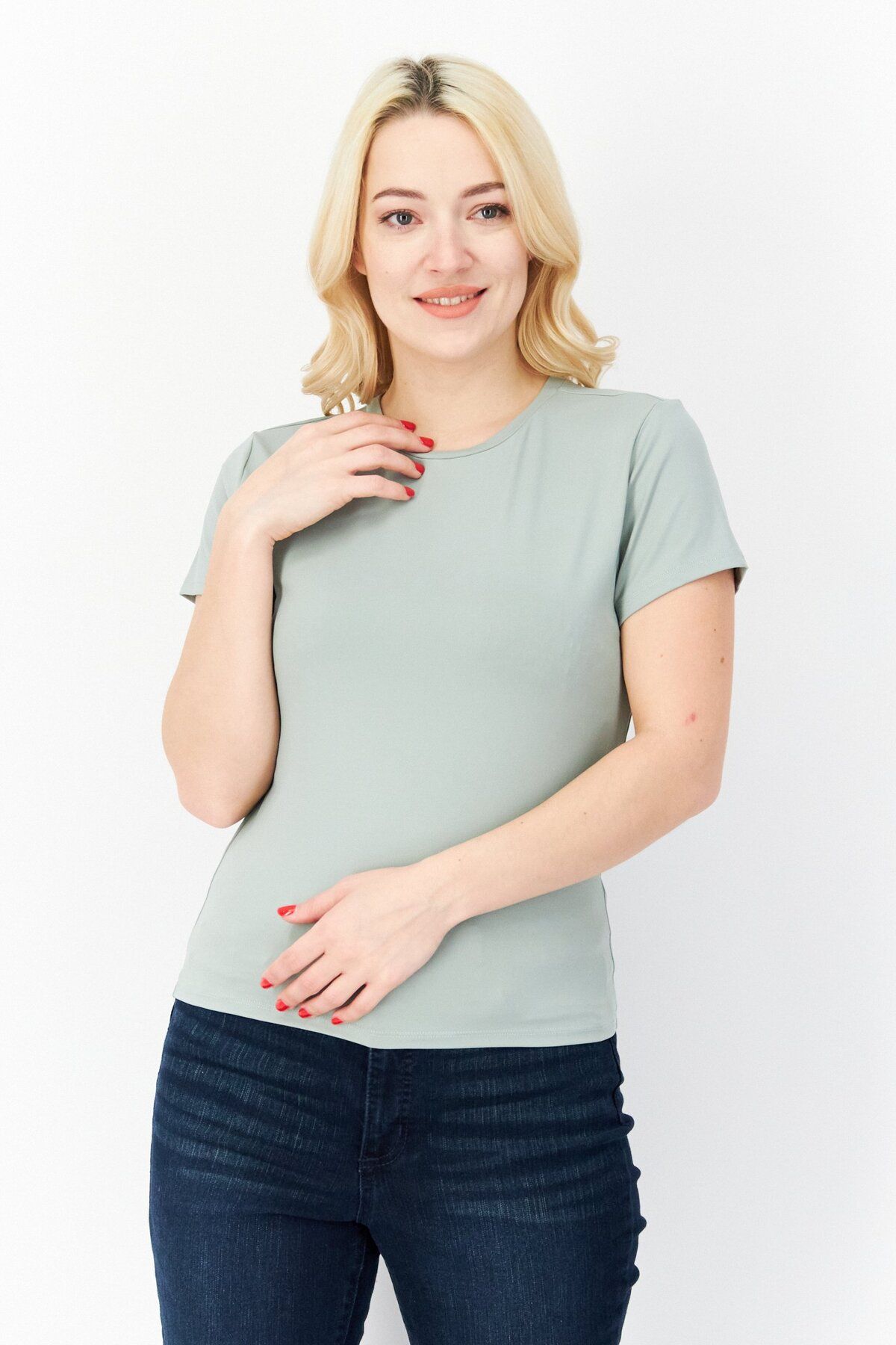 XOXO-Women Round Neck Short Sleeve Plain T-shirt, Sage Green 1