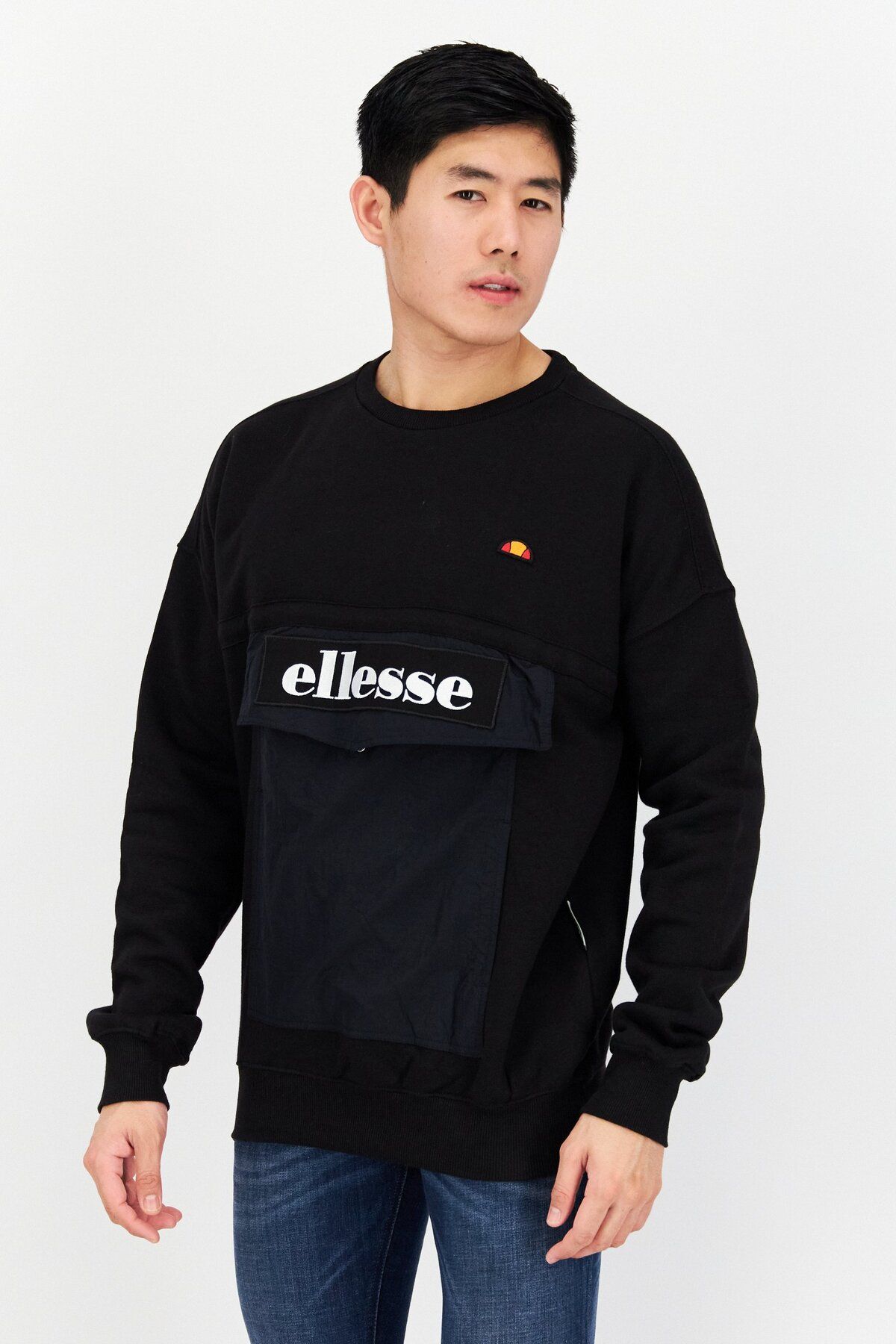 Ellesse-Men Crew Neck Brand Logo Long Sleeves Sweatshirts, Black 1