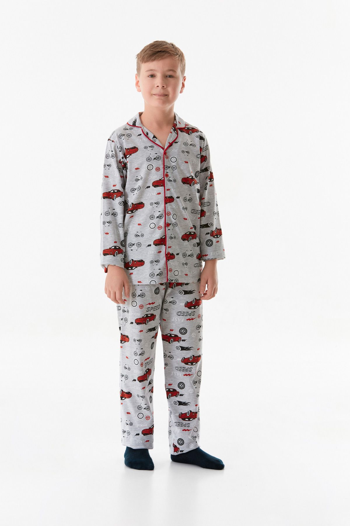 Fulla Moda-Car Patterned Shirt Collar Boy's Pajamas Set 1