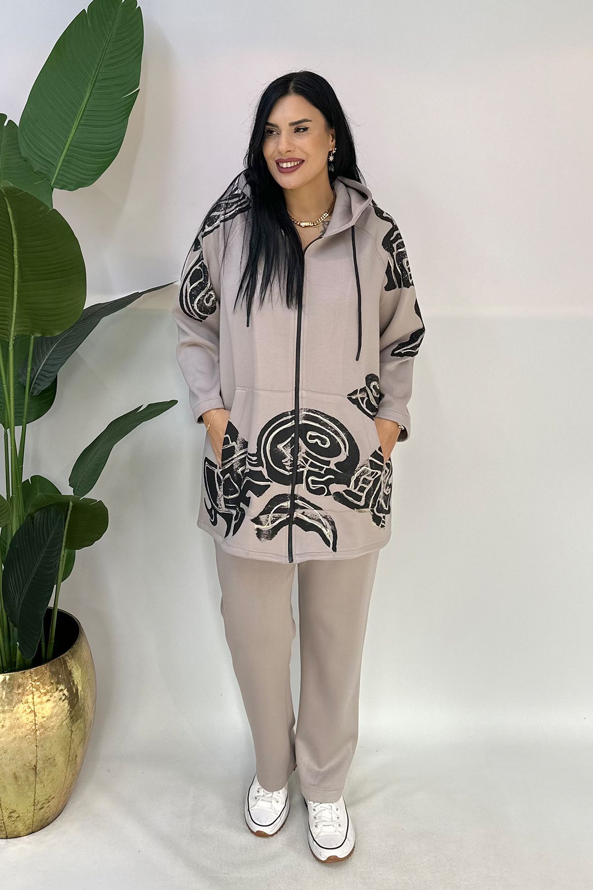 GÖKSEL-Beige Plus Size Hooded Printed Suit 7