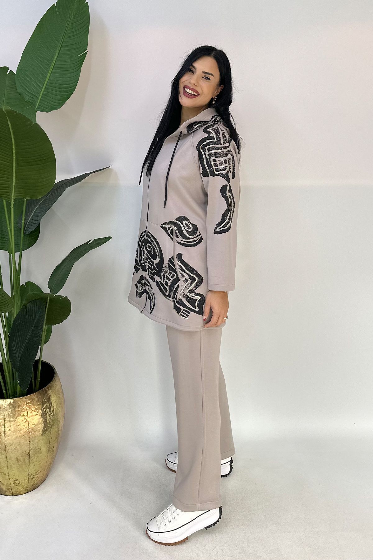 GÖKSEL-Beige Plus Size Hooded Printed Suit 8