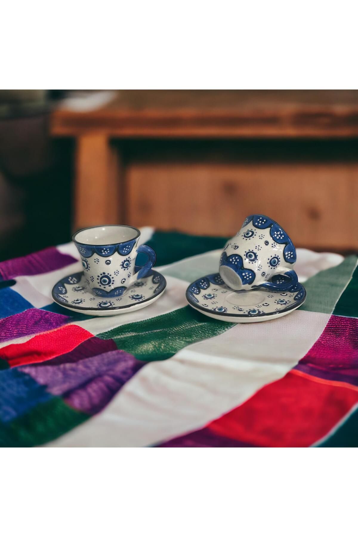 WPAWZ-Handmade Blue White Evil Eye Bead Pattern Ceramic Cup Set - Turkish Coffee Set for 2 2