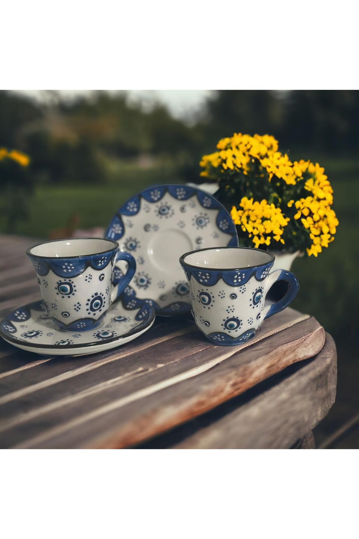 WPAWZ-Handmade Blue White Evil Eye Bead Pattern Ceramic Cup Set - Turkish Coffee Set for 2 1