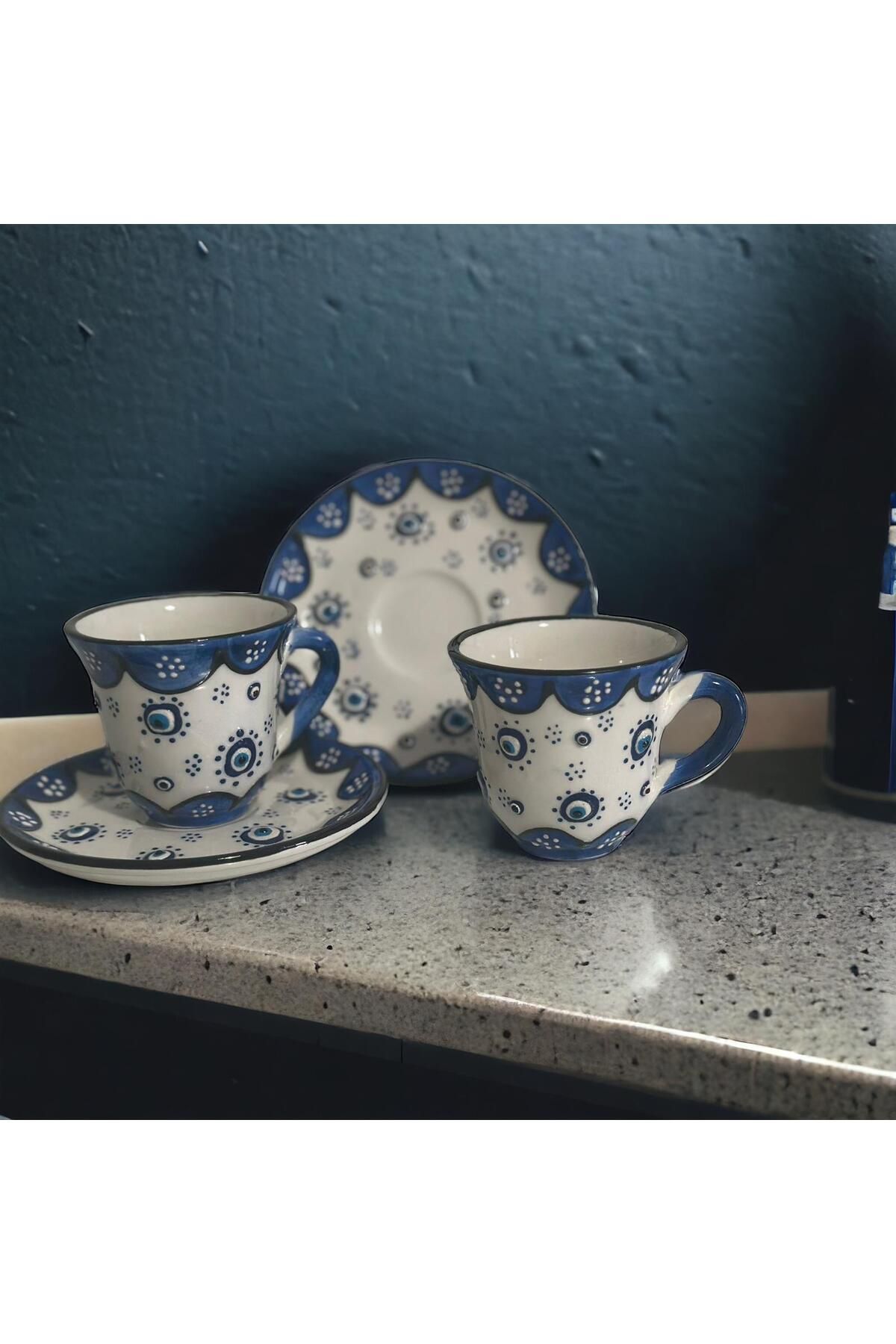 WPAWZ-Handmade Blue White Evil Eye Bead Pattern Ceramic Cup Set - Turkish Coffee Set for 2 7