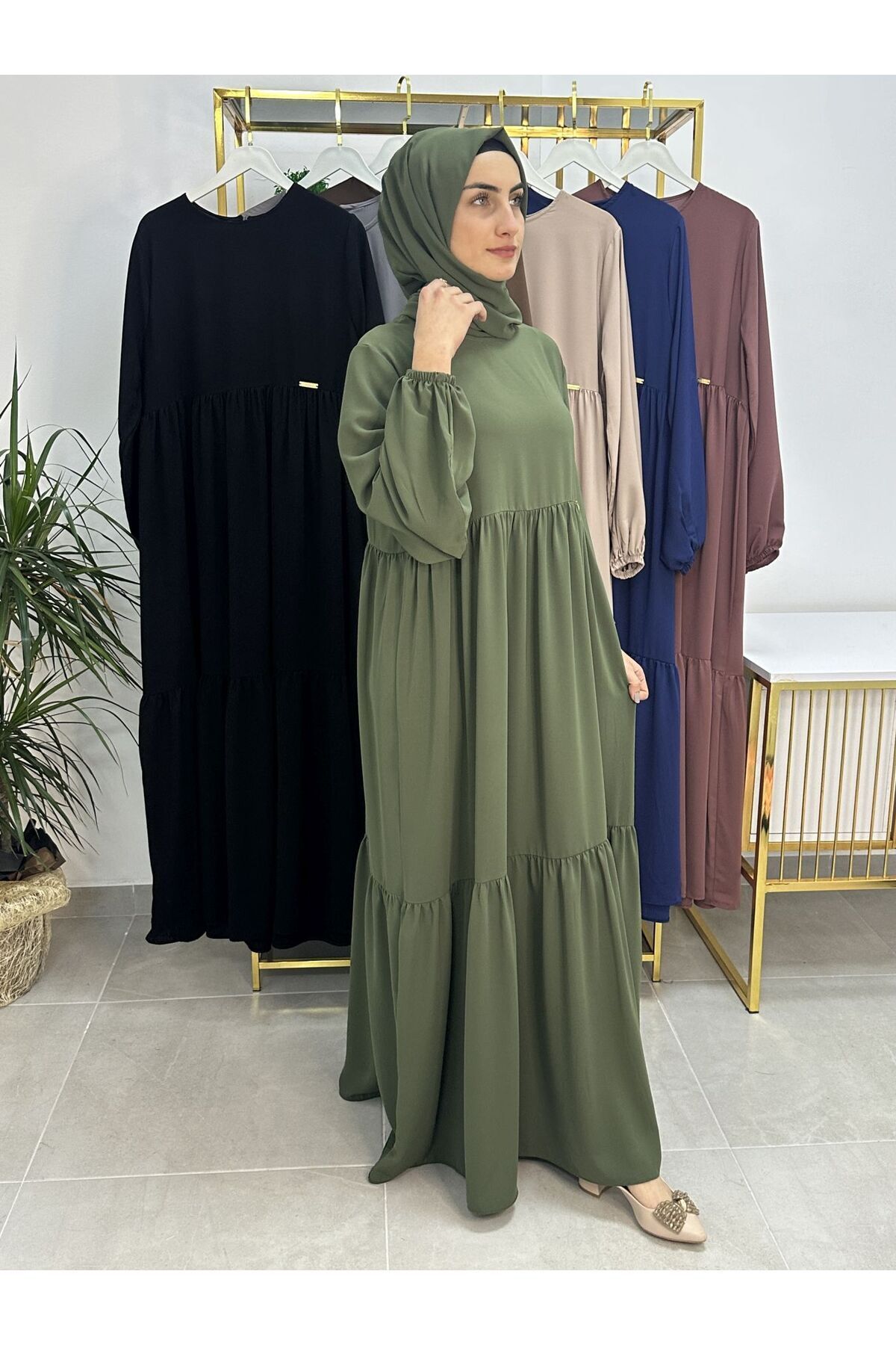 erasra class-Green Two-Layer Gathered Dress and Shawl Set - Hijap and Abaya (Suitable for Hajj and Umrah) 2