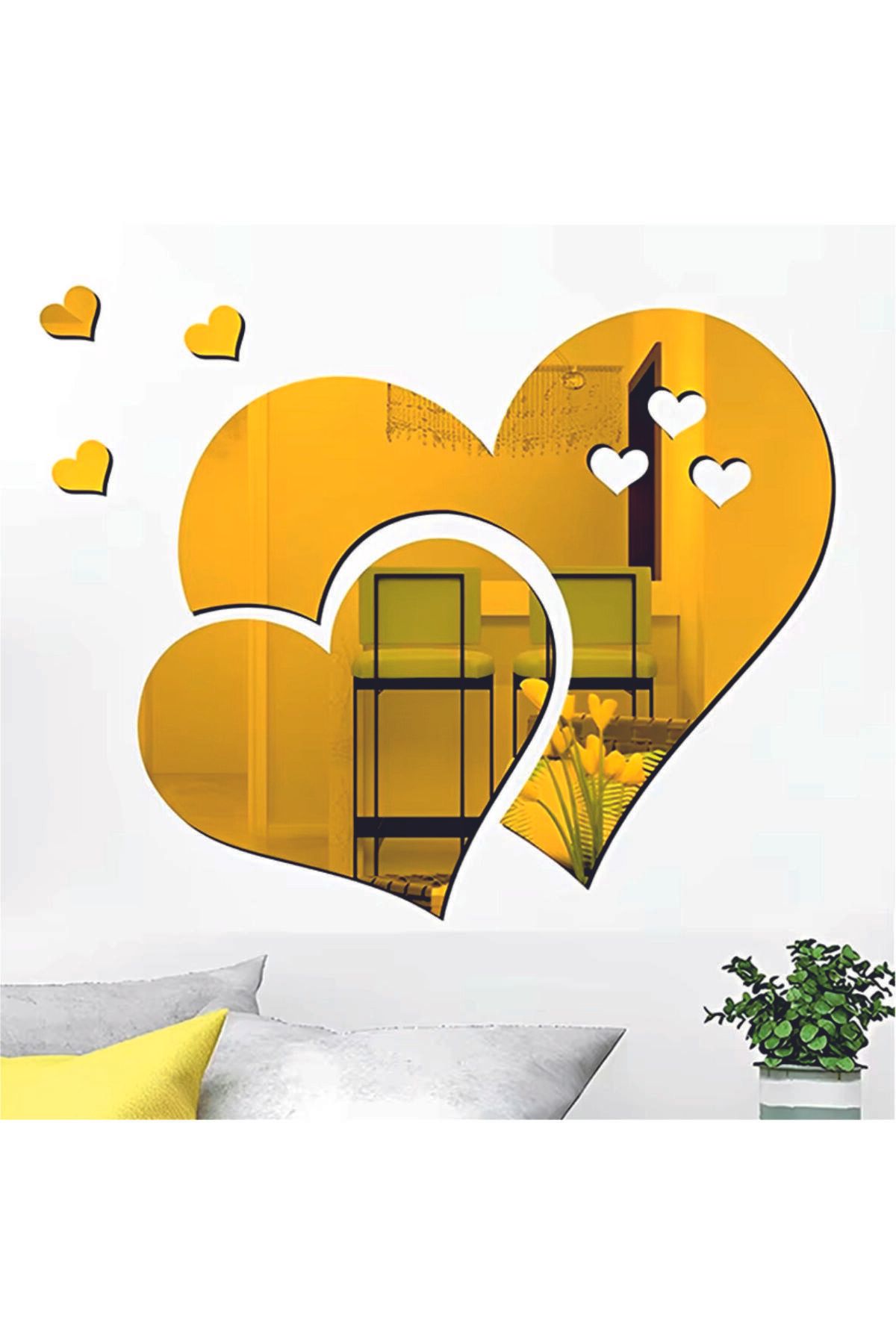 şamaksesuar-Set of 5 Decorative Gold Mirror Plexiglass - Hearts and Wall Ornament (20X16 cm) 1