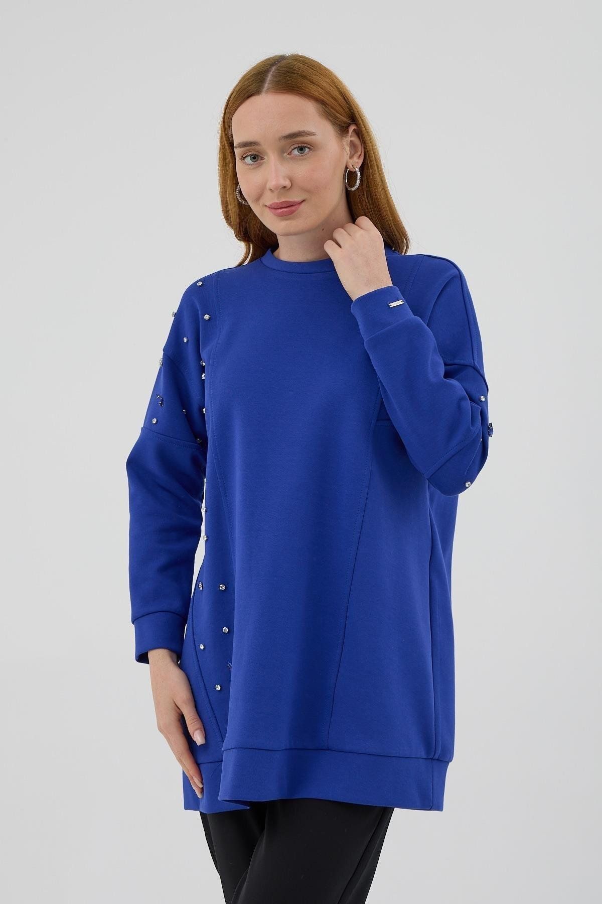 Moodbasic-Mb21.285 Model Asymmetrical Stone Detailed Blue Tunic 4