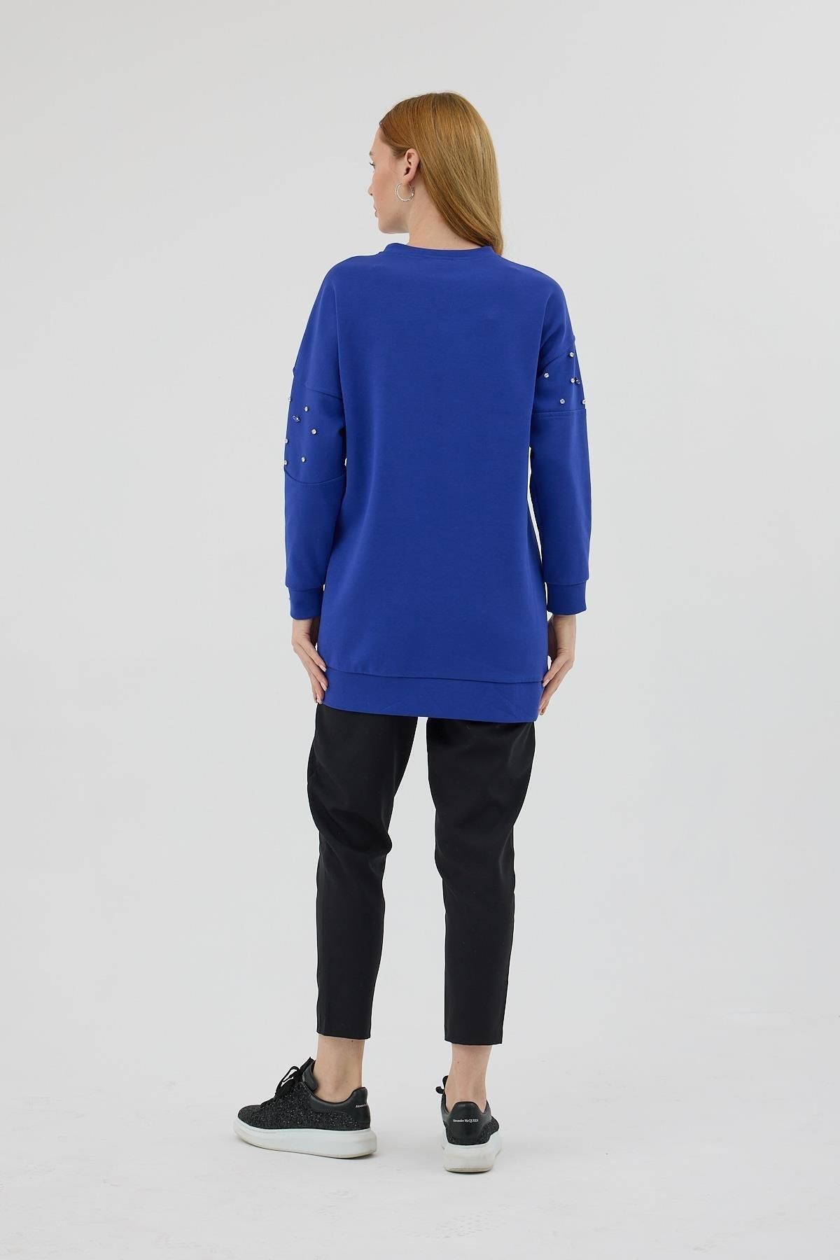 Moodbasic-Mb21.285 Model Asymmetrical Stone Detailed Blue Tunic 8