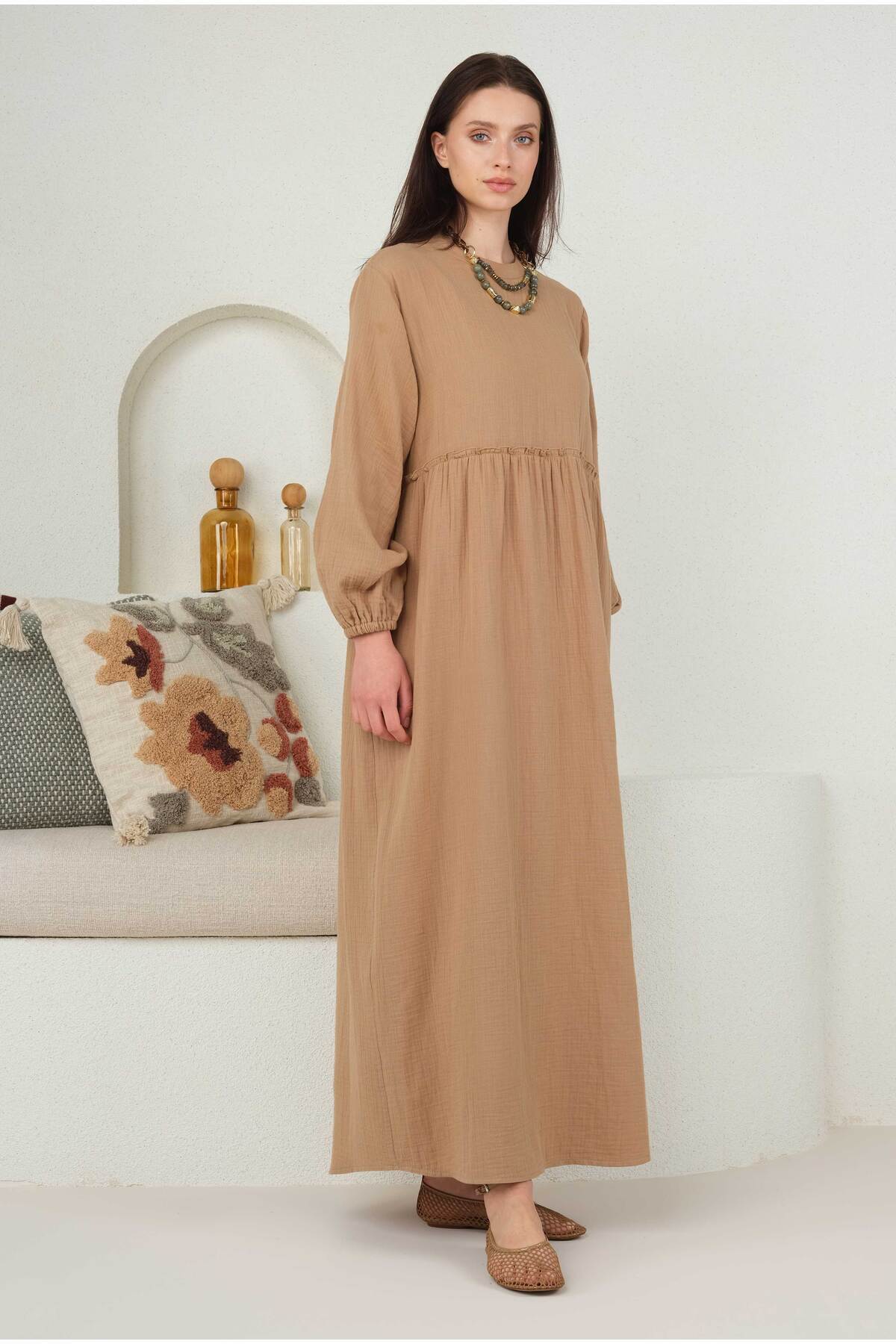 HEQA-Rochie de muselina maro lapte 3