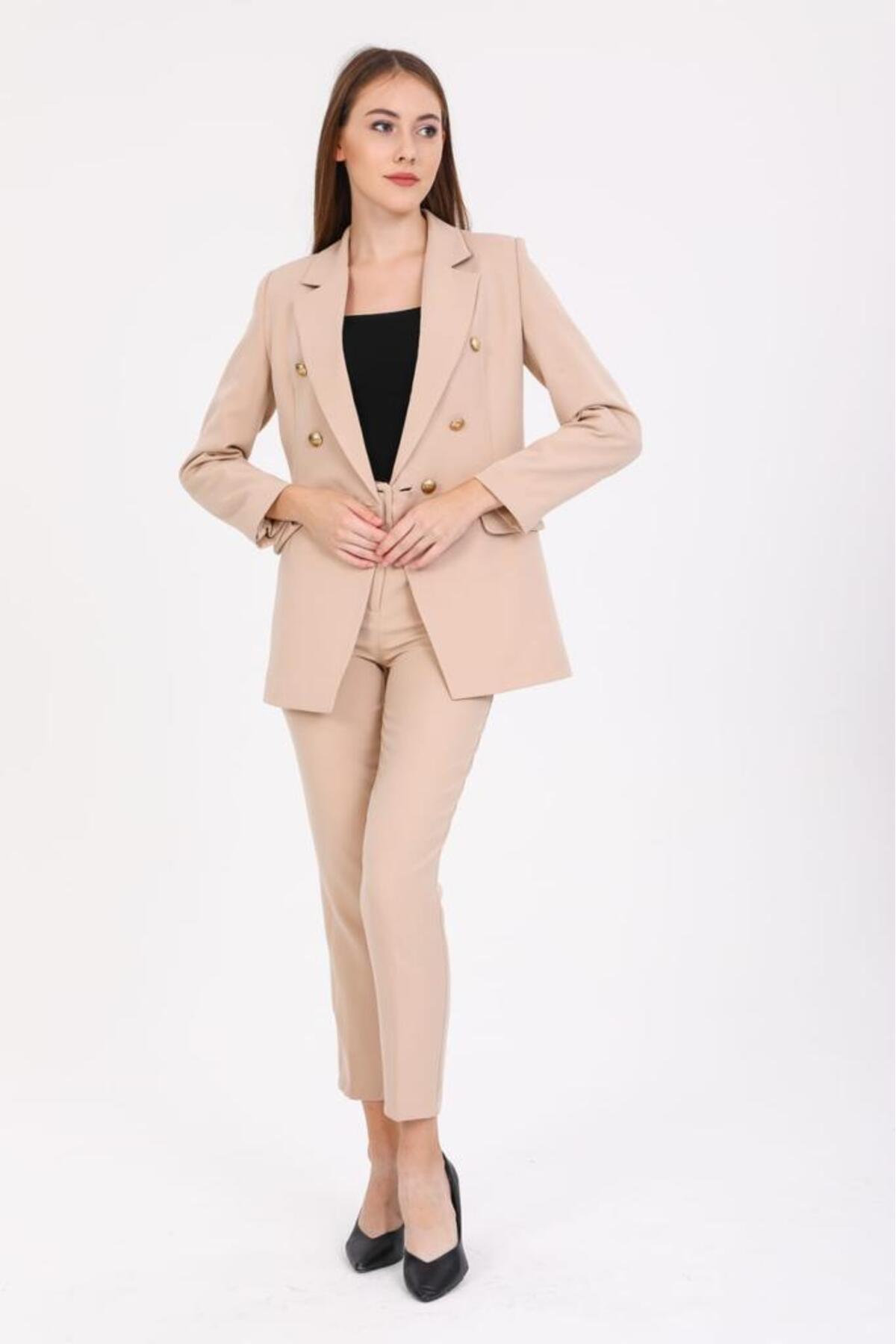 Fırend Fashıon Kadın Blazer Ceket Kemerli Pantolon Takım