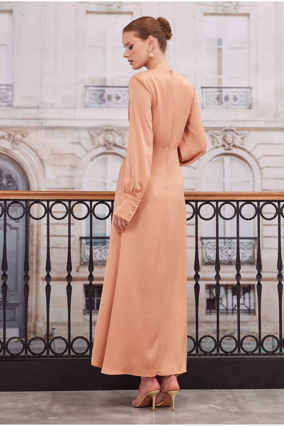 HEQA-Salmon Colored Gathered Satin Dress 6