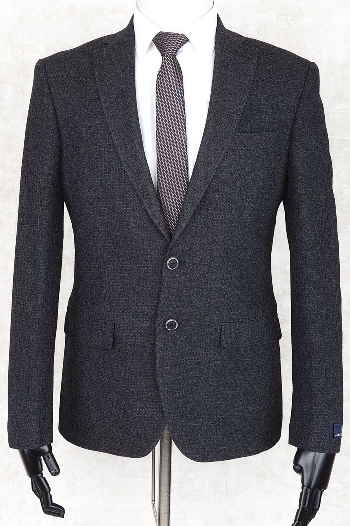 Jan Carlucci-JAN CARLUCCİ Wool Men's Regular Fit Mono Collar Black Drop 4 Single Jacket 1