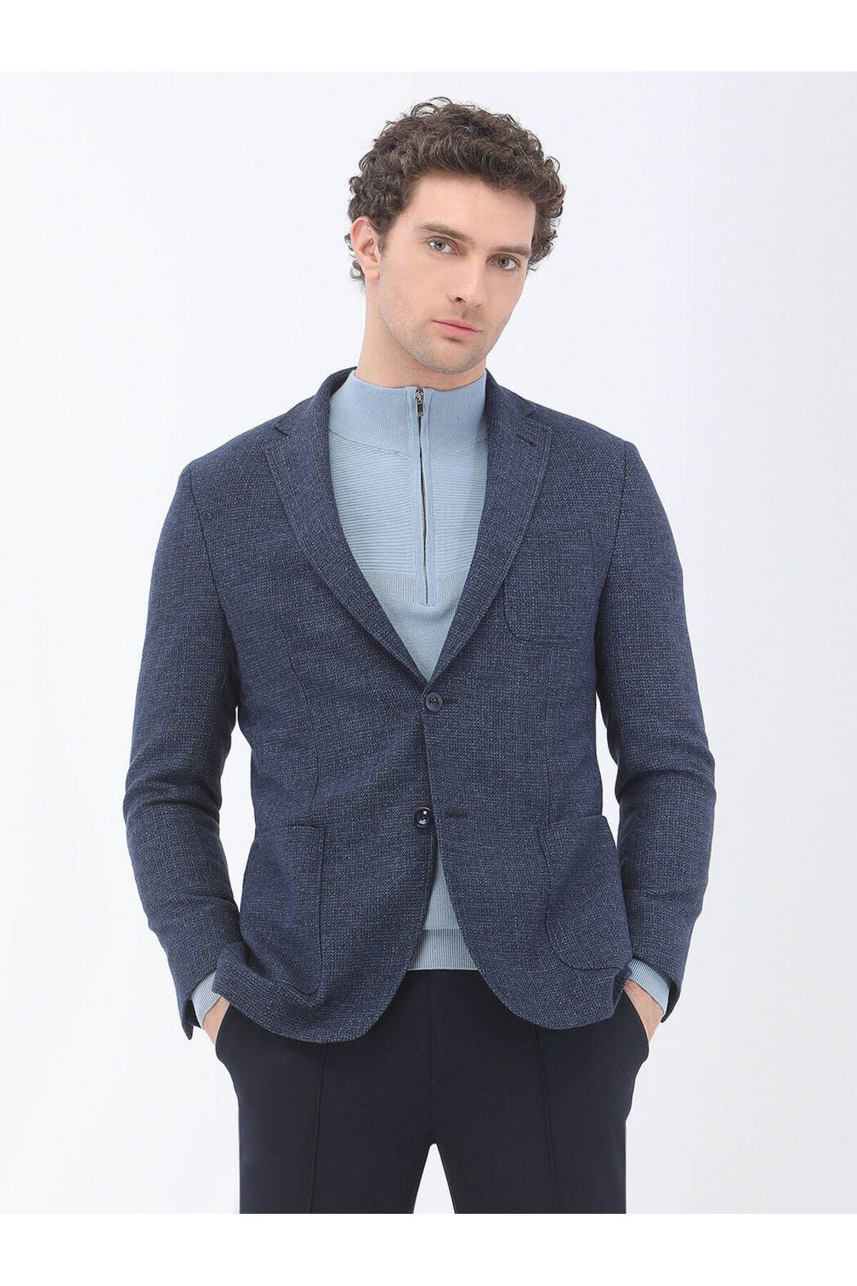 Kip-Indigo Micro Modern Fit Wool Blended Jacket 1