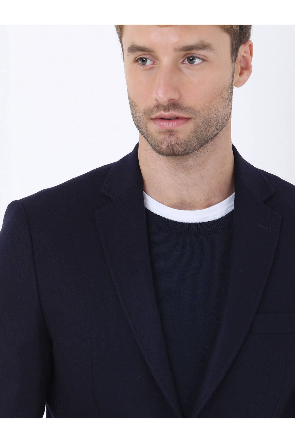 Kip-Wool Blended Navy Blue Straight Modern Fit Jacket 3