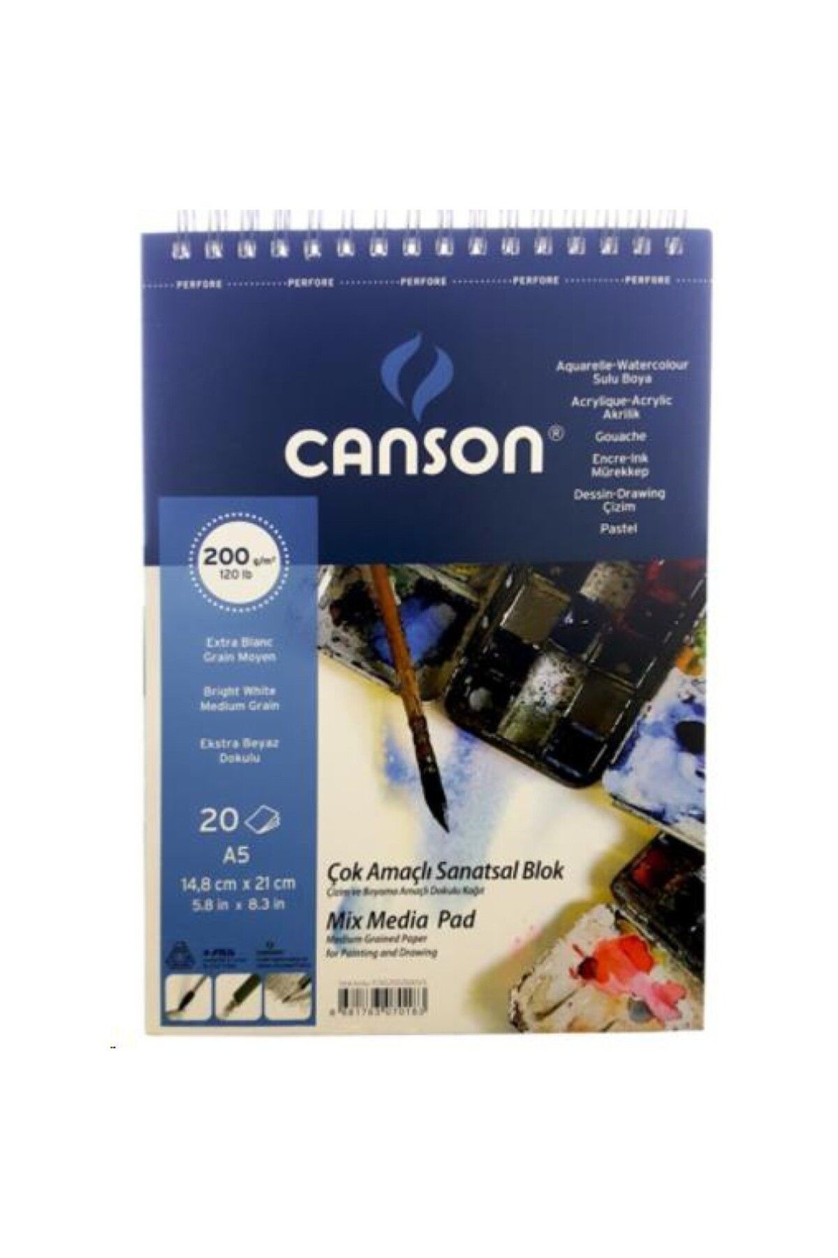 Canson 1557 Mix Media A5 20yp 200gr Spiralli Çok Amaçlı Çizim Resim Defteri / Fcns20020a5us