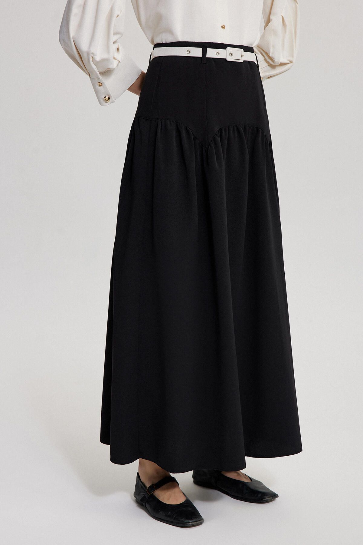Touché Privé-Linen Textured Skirt - Belt Detailed 3