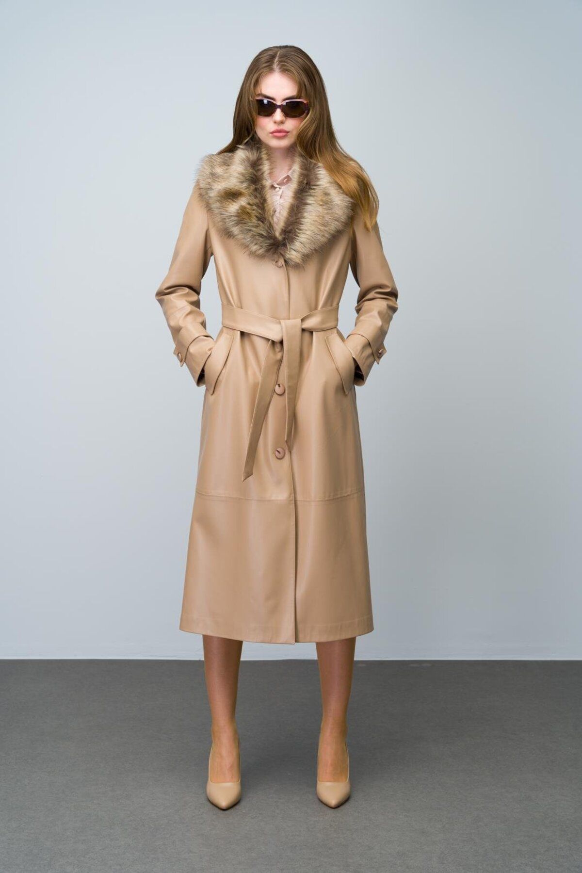 Olcay-KAMEL 6606 - Sheepskin Trench Coat with Detachable Collar and Belt 1