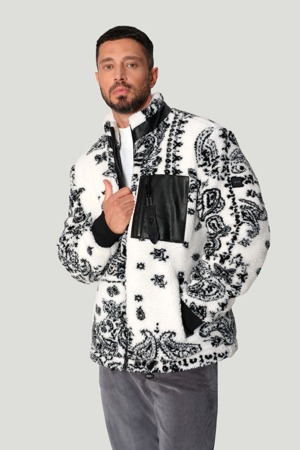 Avva-Men's White Stand Collar Pocket and Garni Detailed Patterned Plush Coat A42Y6115 1