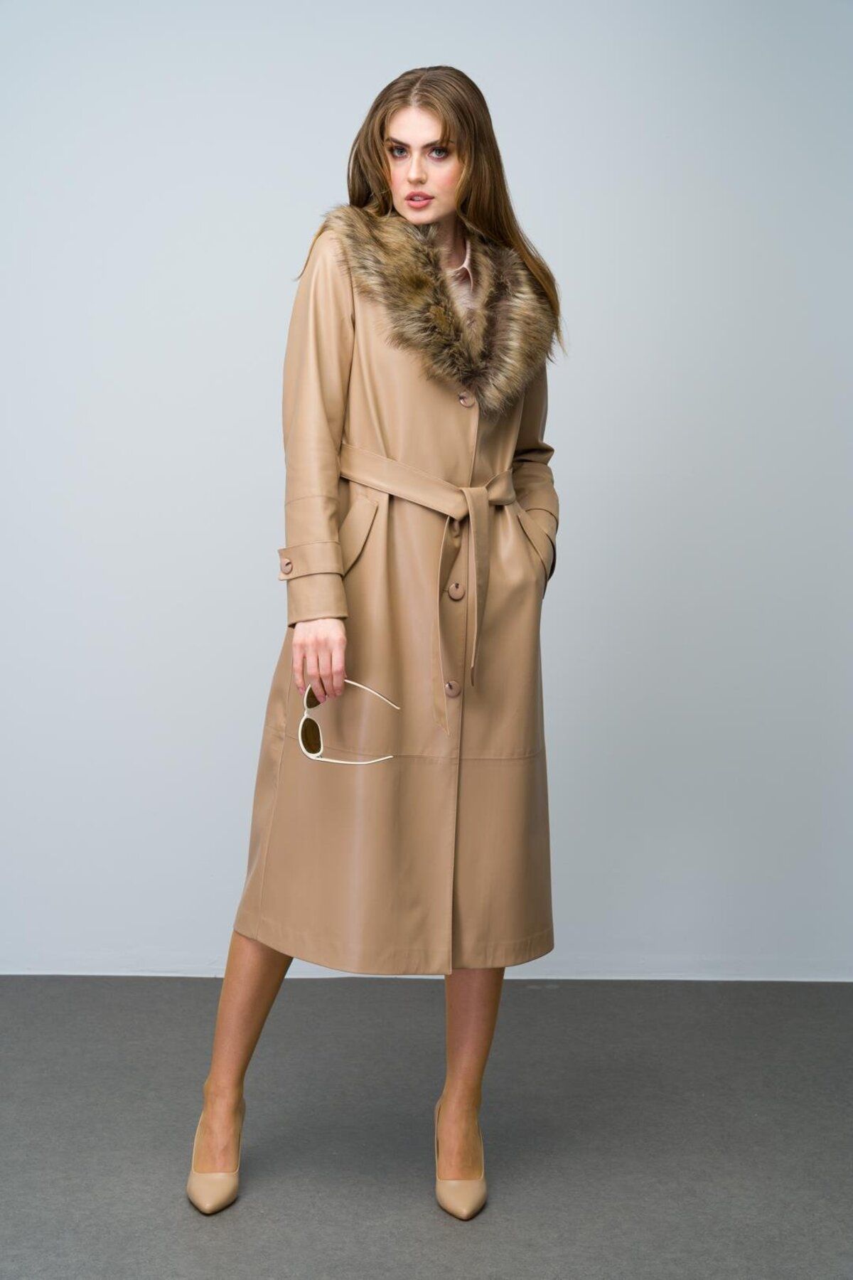 Olcay-KAMEL 6606 - Sheepskin Trench Coat with Detachable Collar and Belt 5