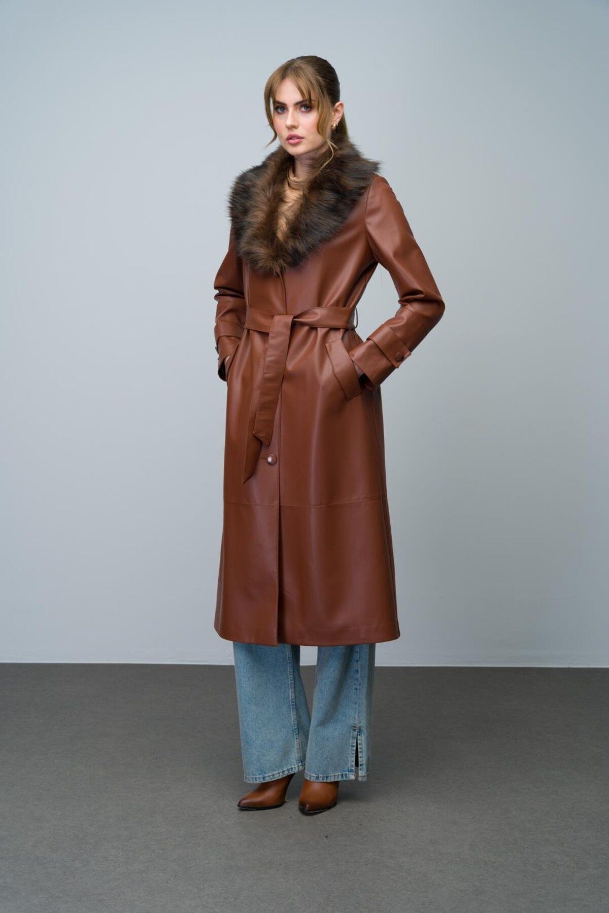 Olcay-Furry Leather Trench Coat with Detachable Collar - Belted, TABA 6606 6