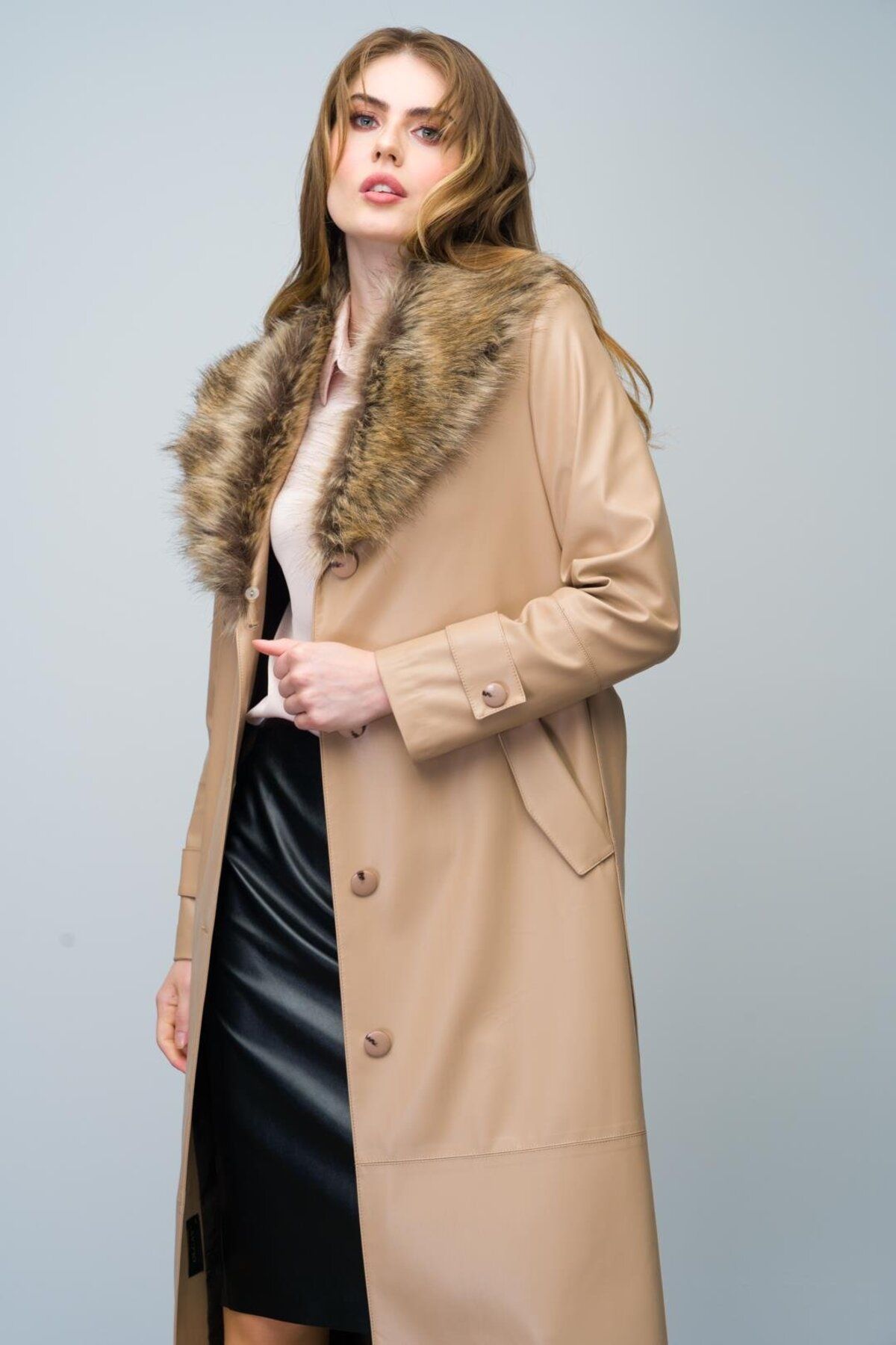 Olcay-KAMEL 6606 - Sheepskin Trench Coat with Detachable Collar and Belt 7