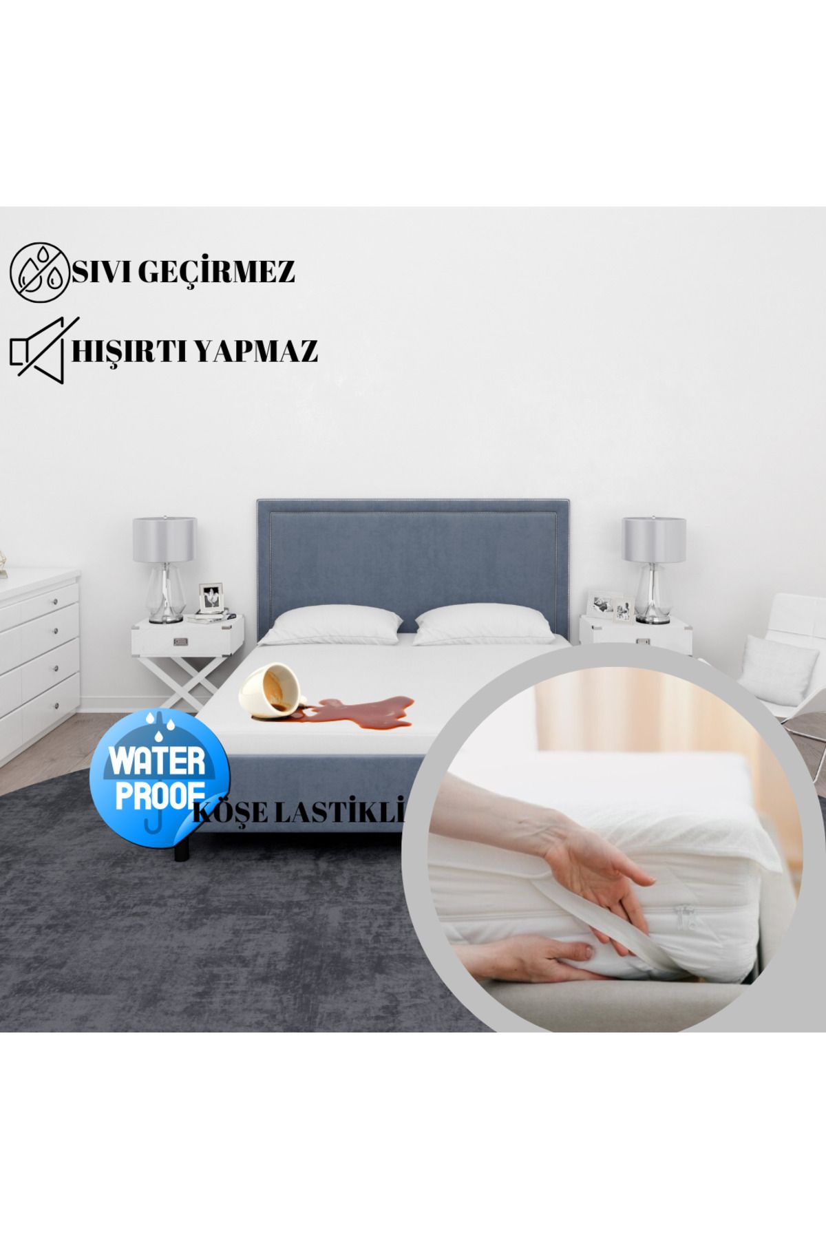 ROKO VİLLA-Bed Alez- Liquidproof Double Personal 4 Corner Rubbered Bed Protector Alez 3