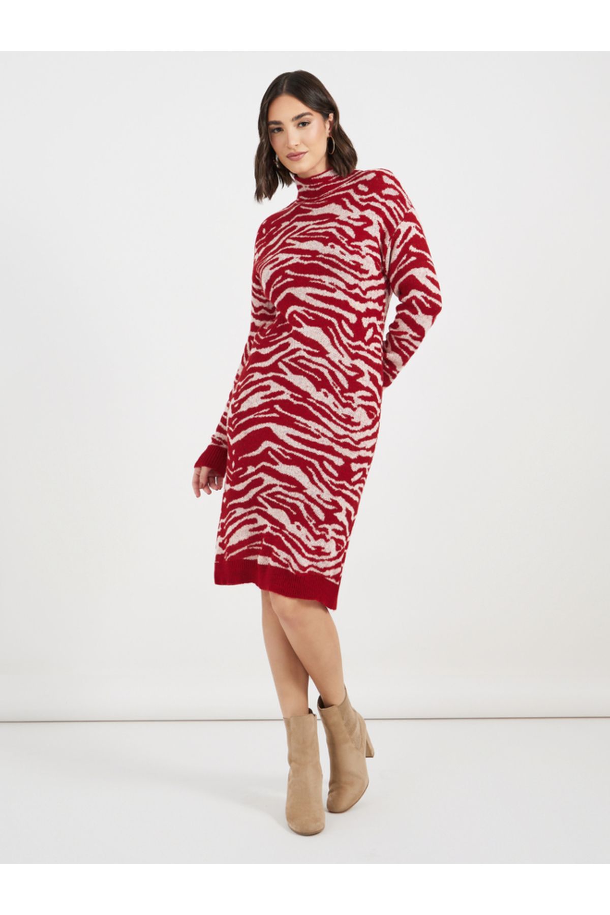 Styli-Turtle Neck Patterned Sweater Knee Length Dress 1