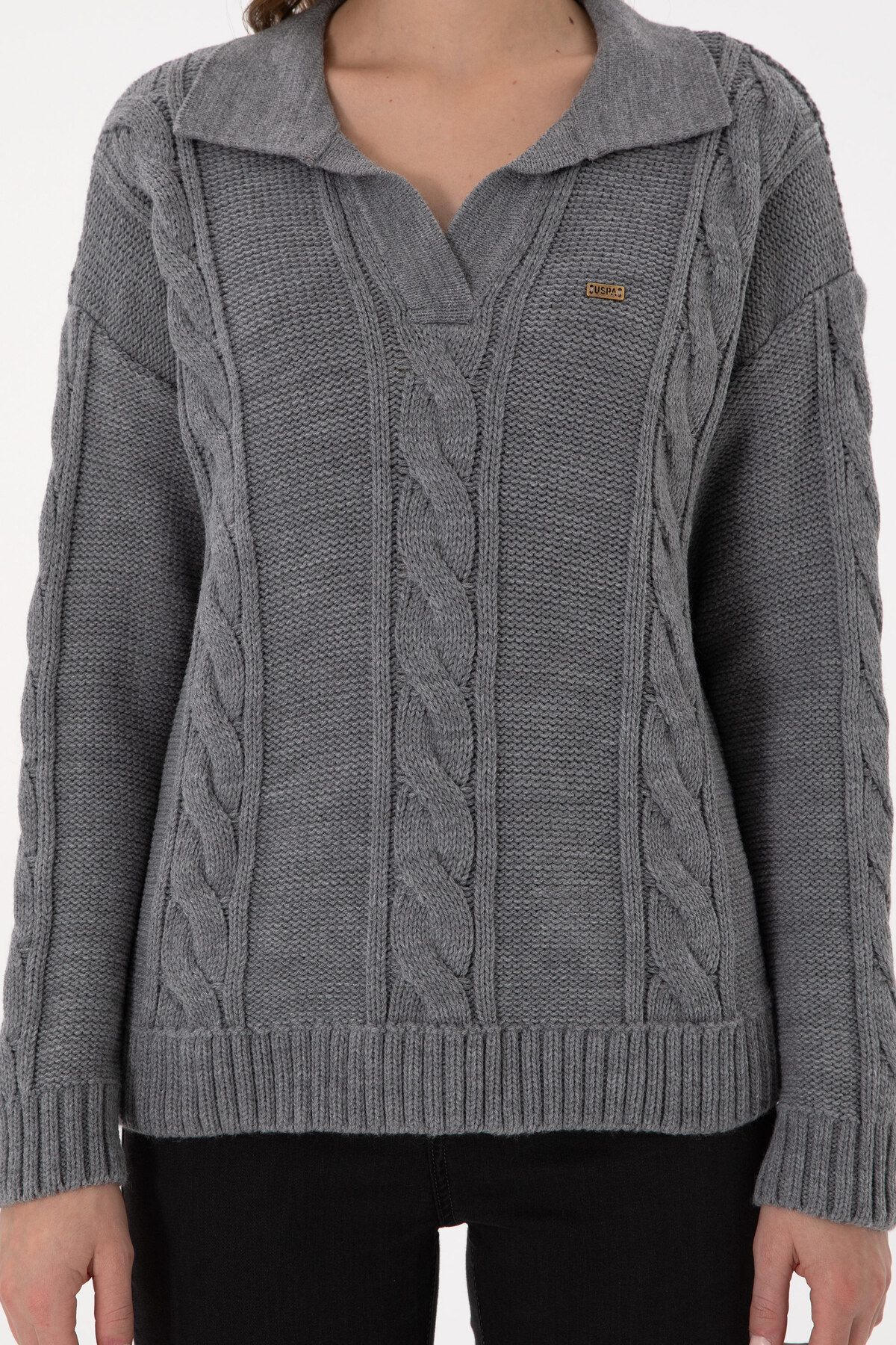 U.S. Polo Assn.-Women's Gray Melange Polo Neck Sweater 50291574 -Vr086 6