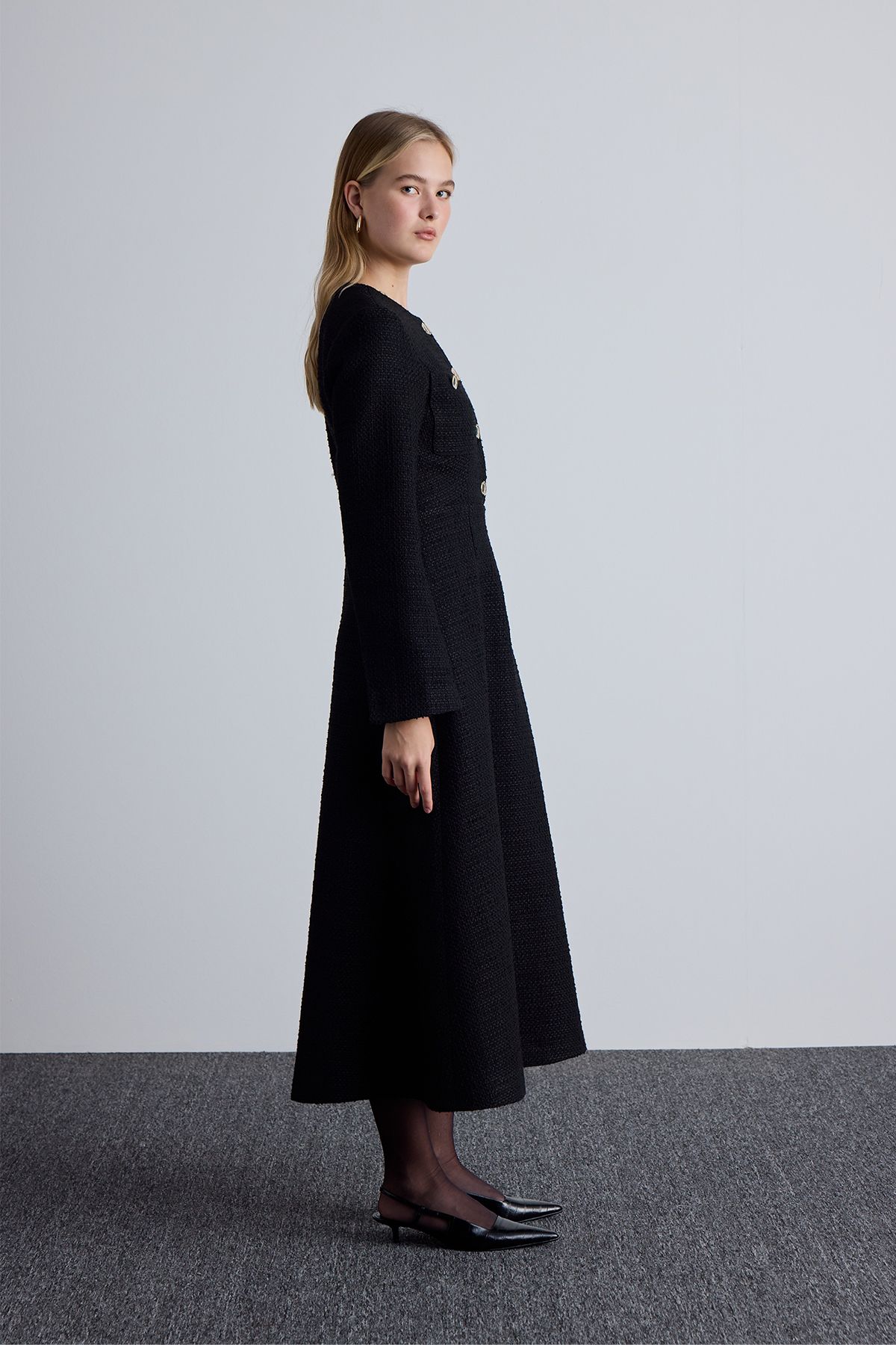 Manuka-Black Textured and Buttoned Dress 4