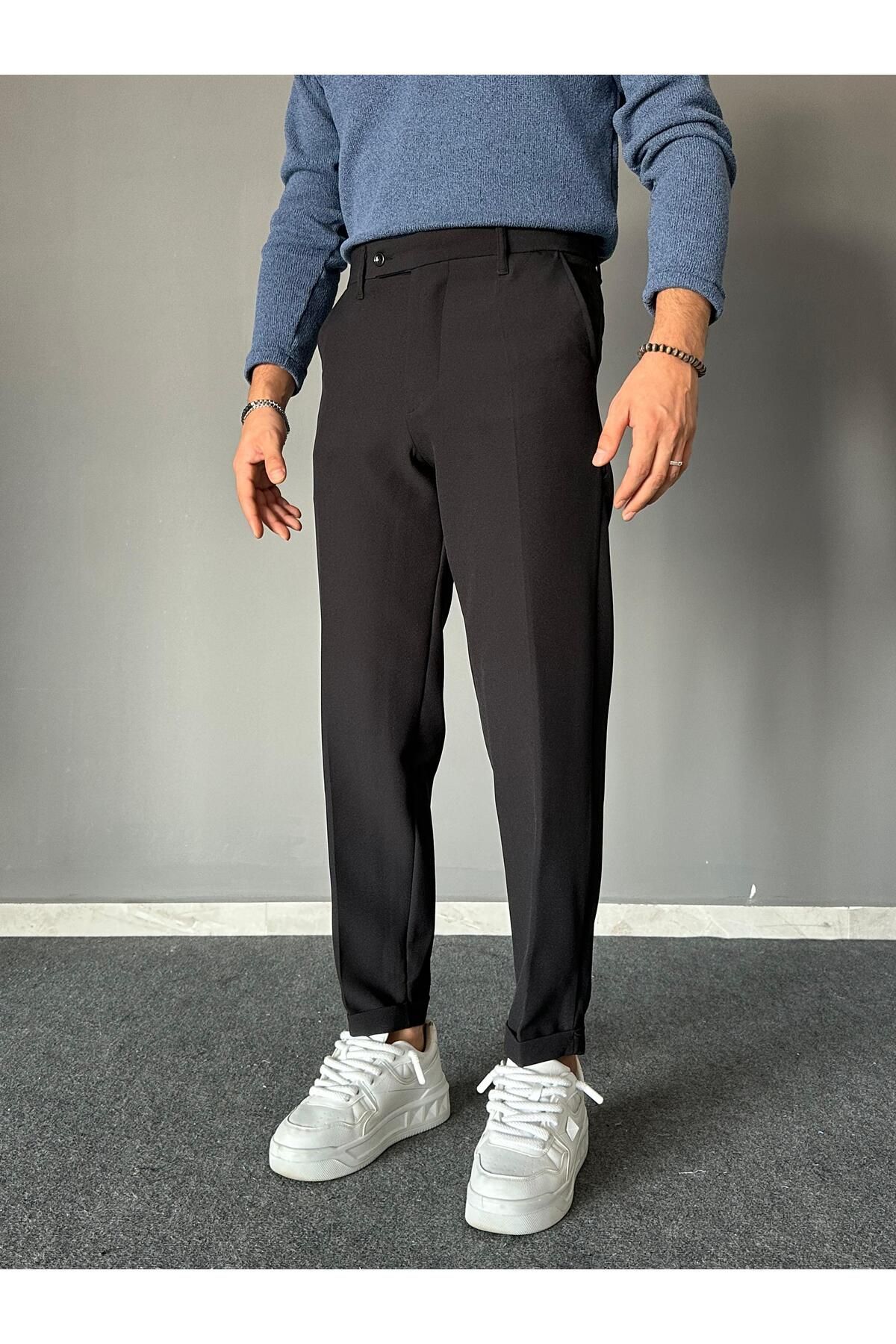THEMANN-Black Short Tongue Double Leg Trousers with Elastic Waist 3