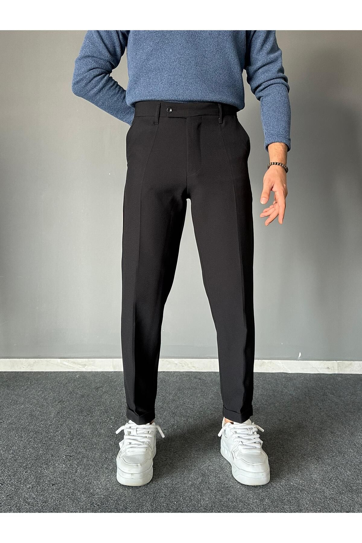 THEMANN-Black Short Tongue Double Leg Trousers with Elastic Waist 2