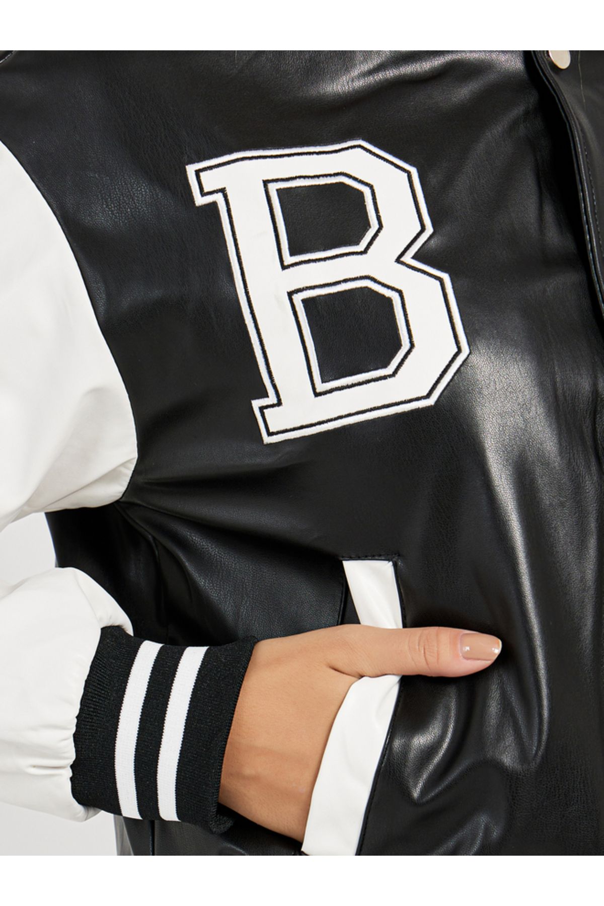 Styli-Regular Fit Leather Look Varsity Bomber Jacket 4