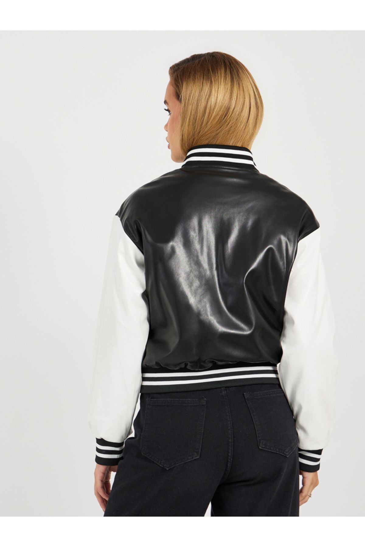 Styli-Regular Fit Leather Look Varsity Bomber Jacket 5